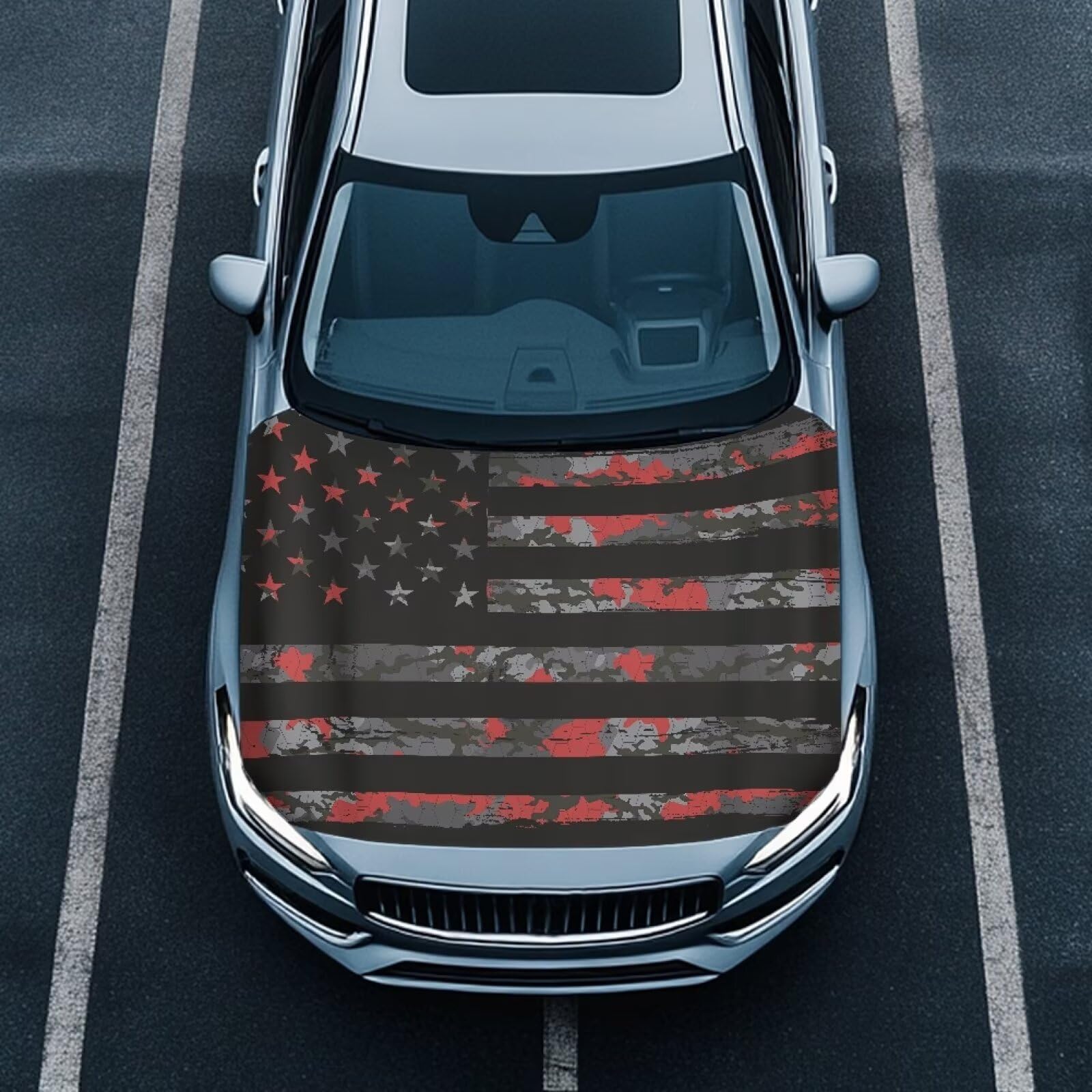 American Flag Camo Car Hood Cover Elastic Fabric Patriotic Decorations for Auto Hood Washable Car Hood Wraps for Most Automotive Sedans Pickup Trucks SUVs