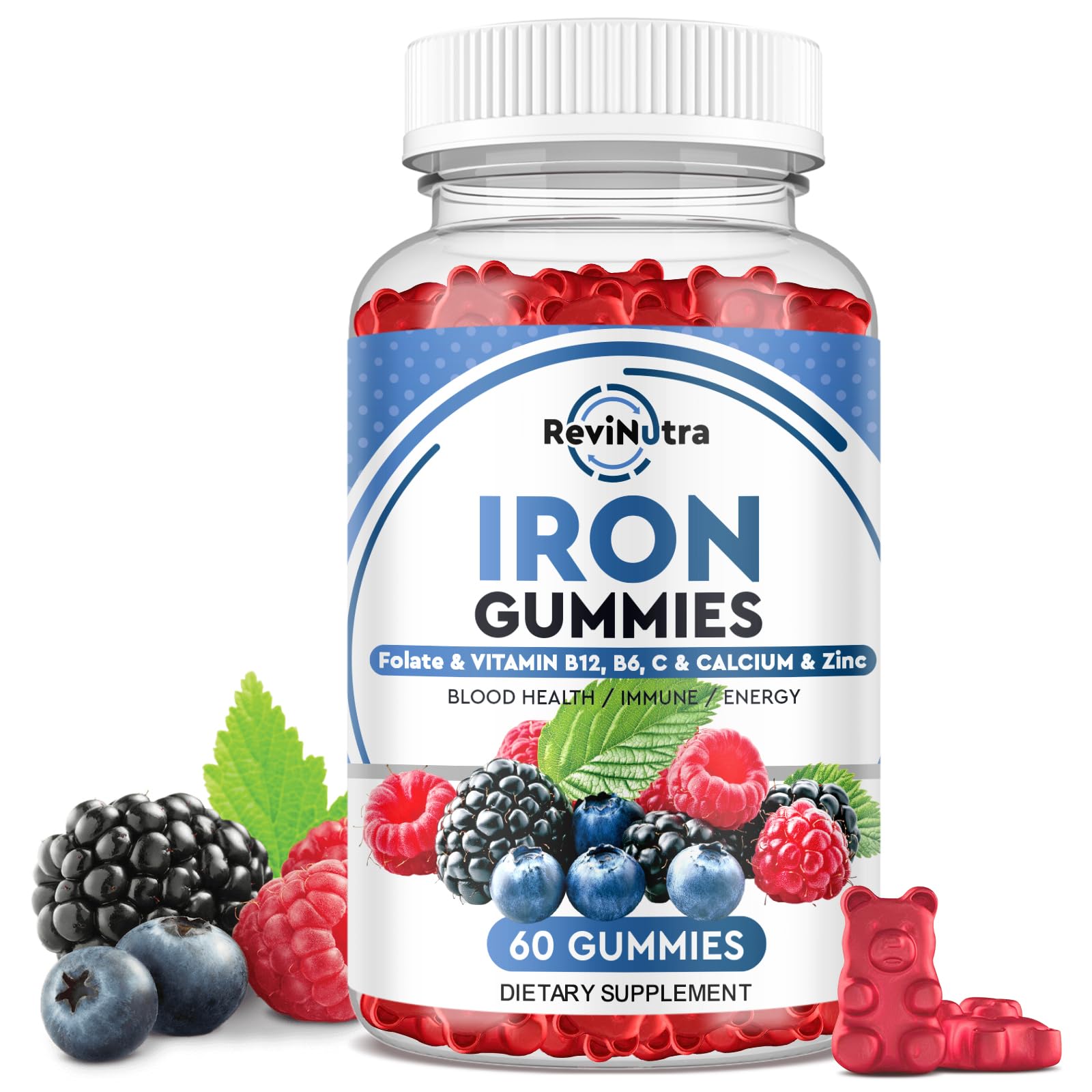 Iron Gummies with Zinc, Calcium, Vitamin C, B6 & B12 | Iron Supplement for Women, Men & Kids | Supports Anemia & Deficiency, Blood Builder & Cell Formation | Chewable Mixed Berry Flavor, 60 Gummies Mixed Berry 60 Count (Pack of 1)