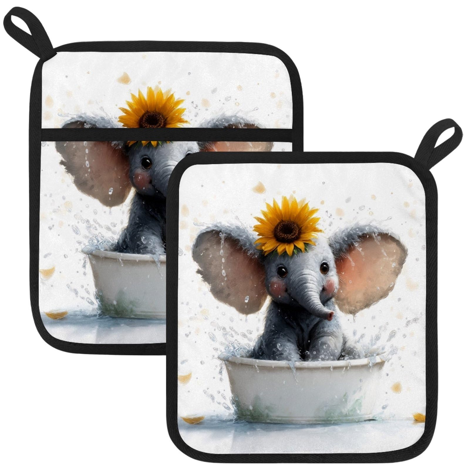 VAPOKF Elephant Sunflower Pot Holders with Pocket for Kitchen Heat Resistant Potholders Large Polyester-Cotton Square Oven Mitts Set
