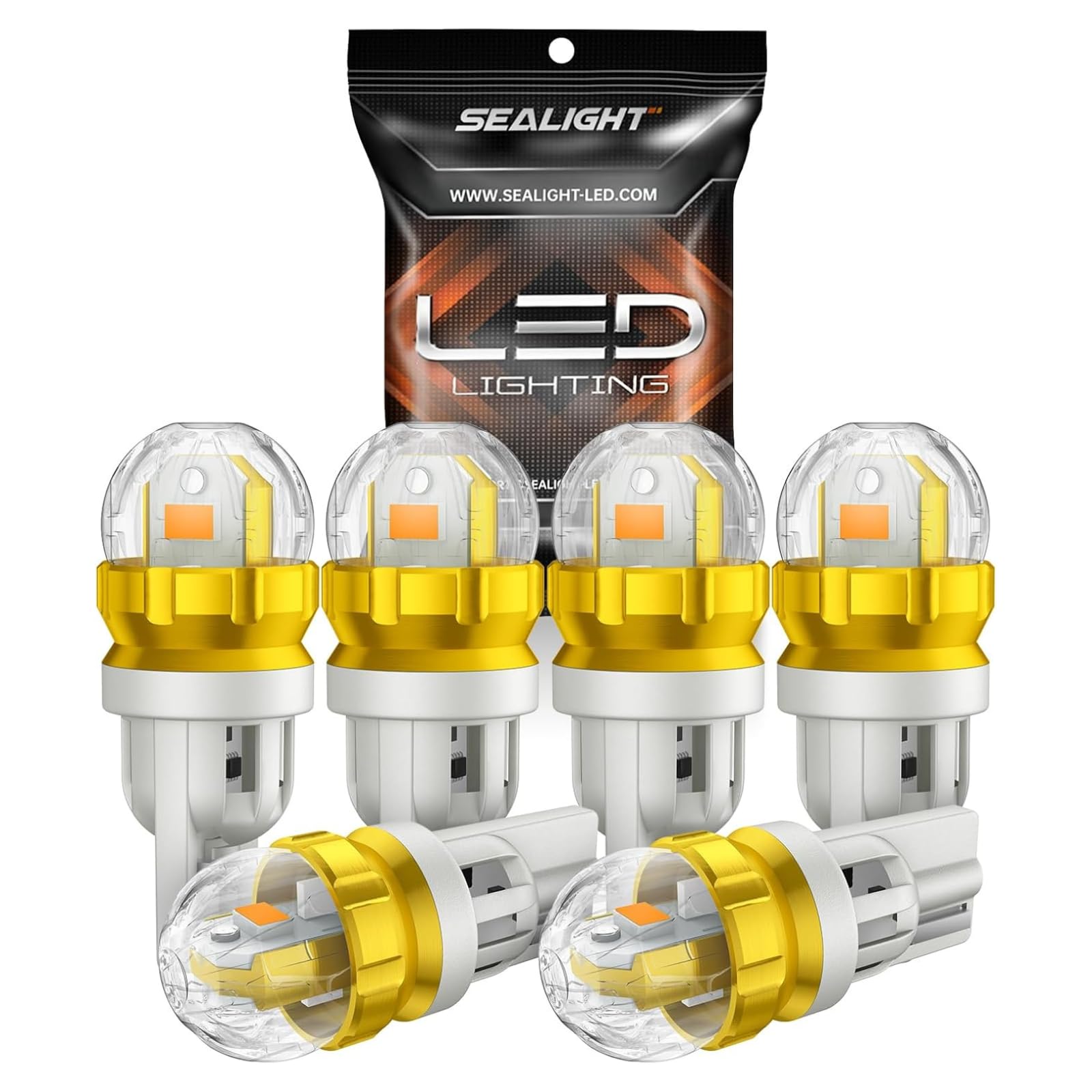 SEALIGHT 194 LED Light Bulb Amber Yellow 168 T10 W5W 2825 Super Bright 360° LED Replacement Bulbs 3020SMD for License Plate Light, Dome Light, Map Light, Courtesy Light, Side Marker Lights, Pack of 6