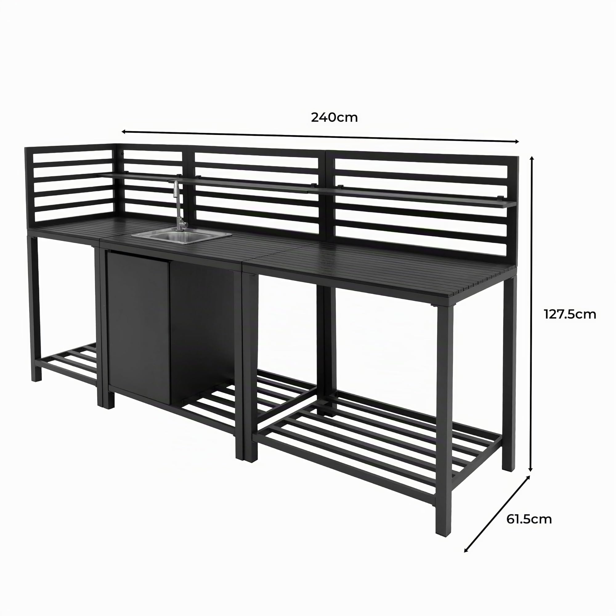 Cucina da Esterno 3 Pezzi Configurazione Modulare con Lavello Angolare e Tavolo Set in Alluminio Grigio Antracite Lavello in Acciaio con Rubinetto a Freddo Ripiani e Armadietti per Esterno