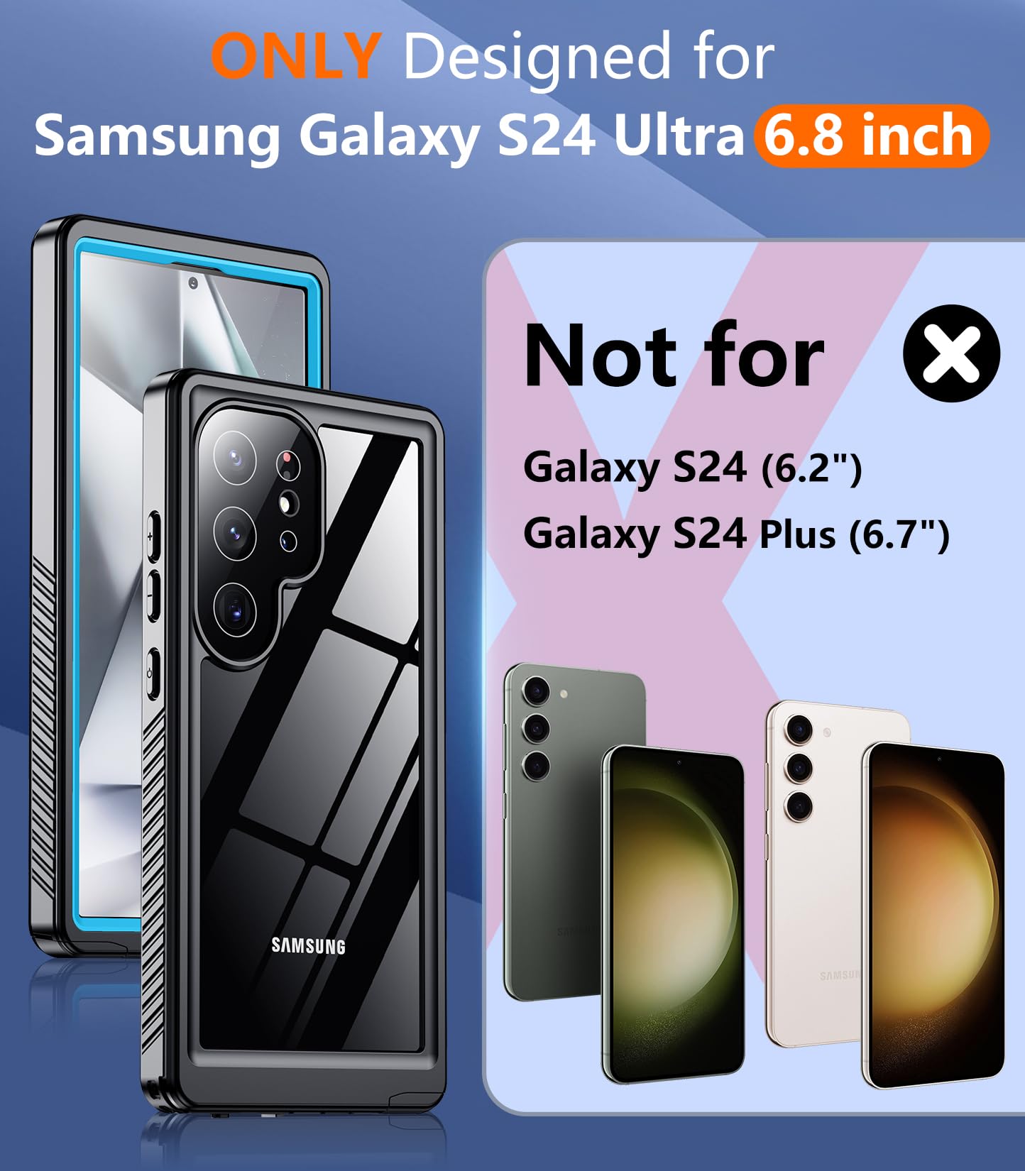 Temdan for Samsung Galaxy S24 Ultra Case,Waterproof Built-in Lens & Screen Protector[Full Body Shockproof][12 FT Military Drop Proof][Dustproof][IP68 Underwater] Case for S24 Ultra 5G 6.8â€?-LightBlue