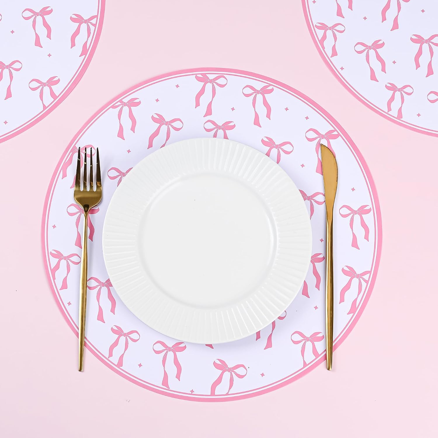 50Pcs Pink Bow Paper Placemats Pink Bowknot Round Disposable Party Place Mats Coquette 13" Paper Cutouts for Wedding Bachelorette Bridal Baby Shower Birthday Table Setting