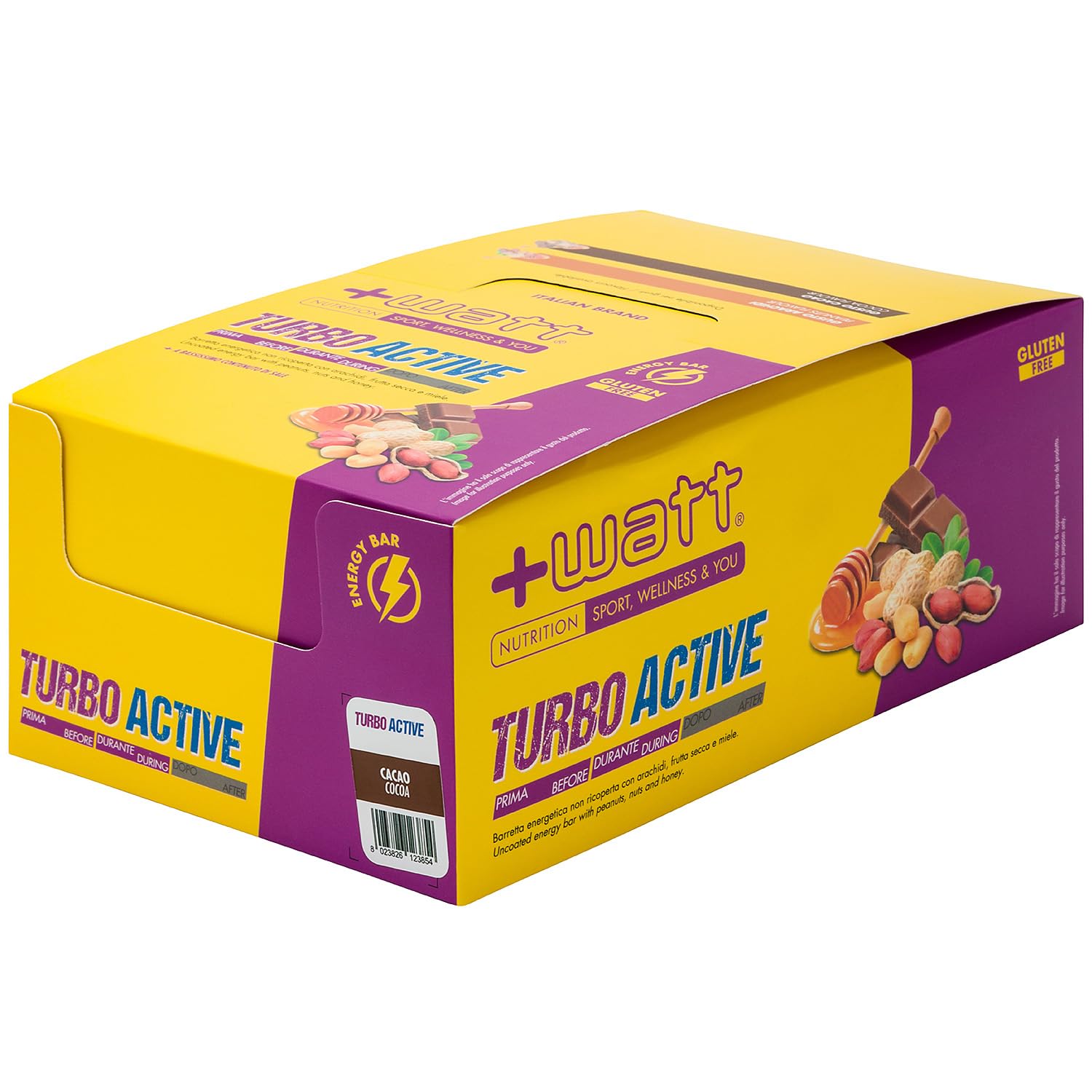 Turbo Active - Barretta energetica con arachidi, frutta secca e miele. (Box 24 pz, Cacao)
