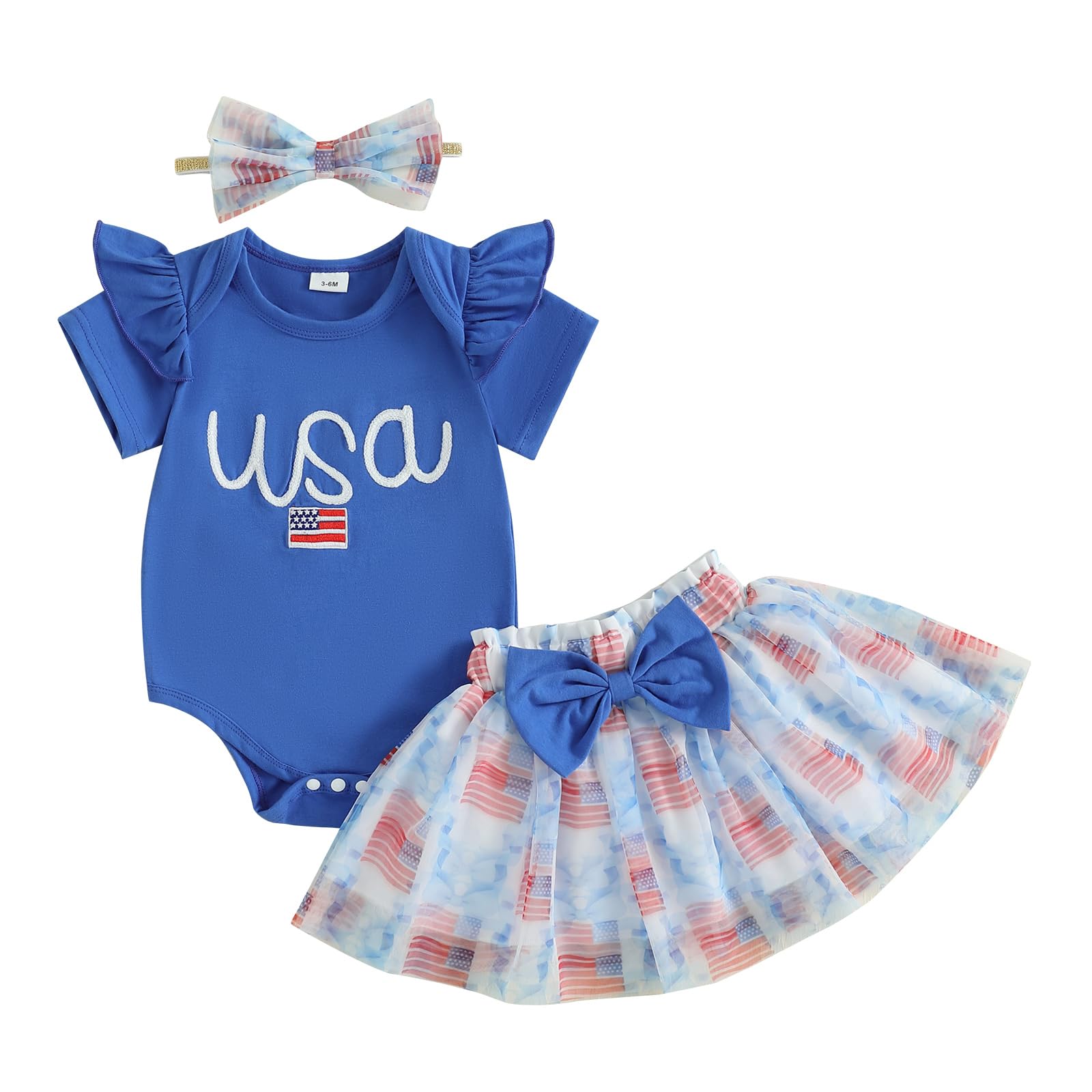 JLKGICF 4th of July Baby Girl Outfits Infant Usa Bubble Romper Flag&Bow Print Tulle Tutu Skirt My First Fourth of July Outfit (Blue, 0-3 Months)