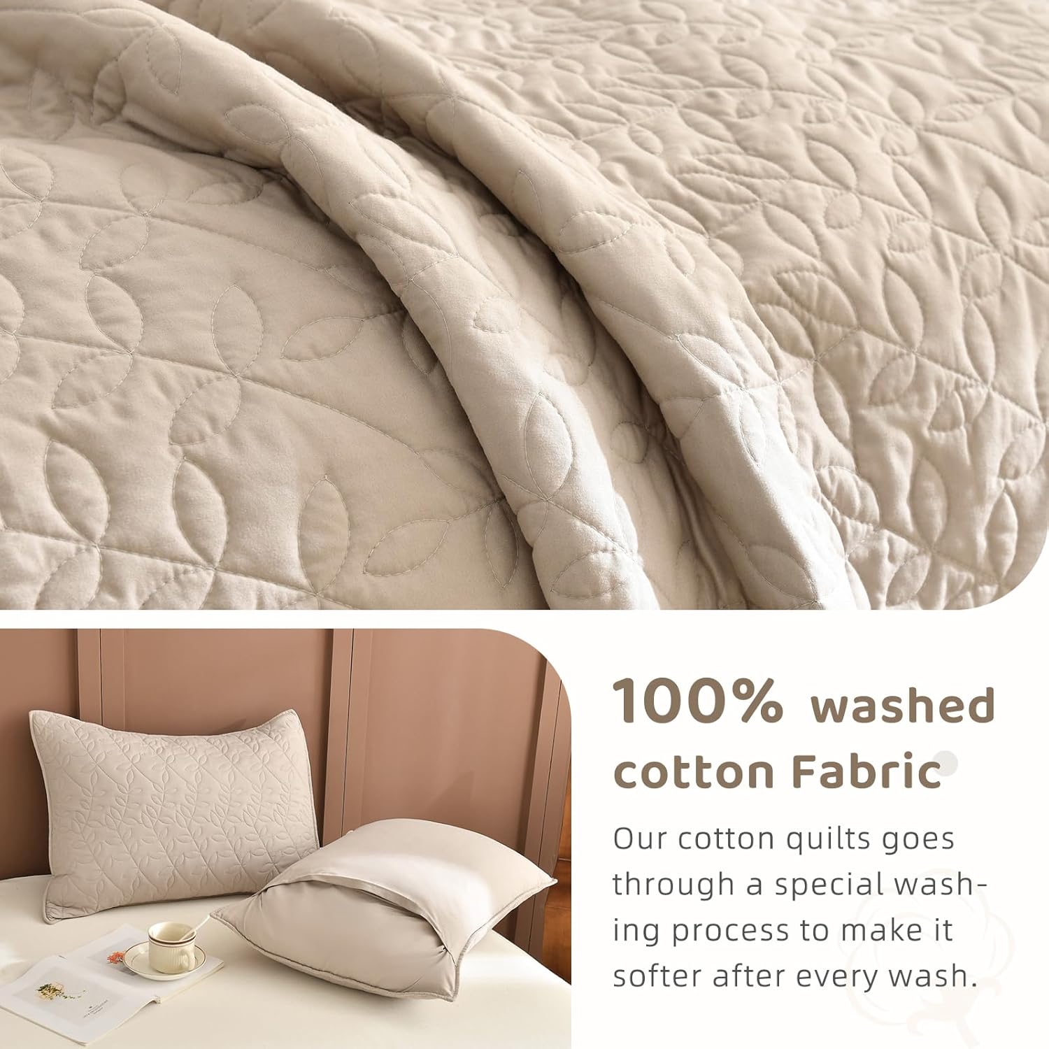 Sanracie Oversized Queen Quilt Bedspread 102"*118", 100% Cotton Quilt Bedding Set 3pcs Linen Colored Extra Large Wide Coverlet Queen Size Lightweight Soft and Cozy Cloud Bed Quilts for All Season - Image 7