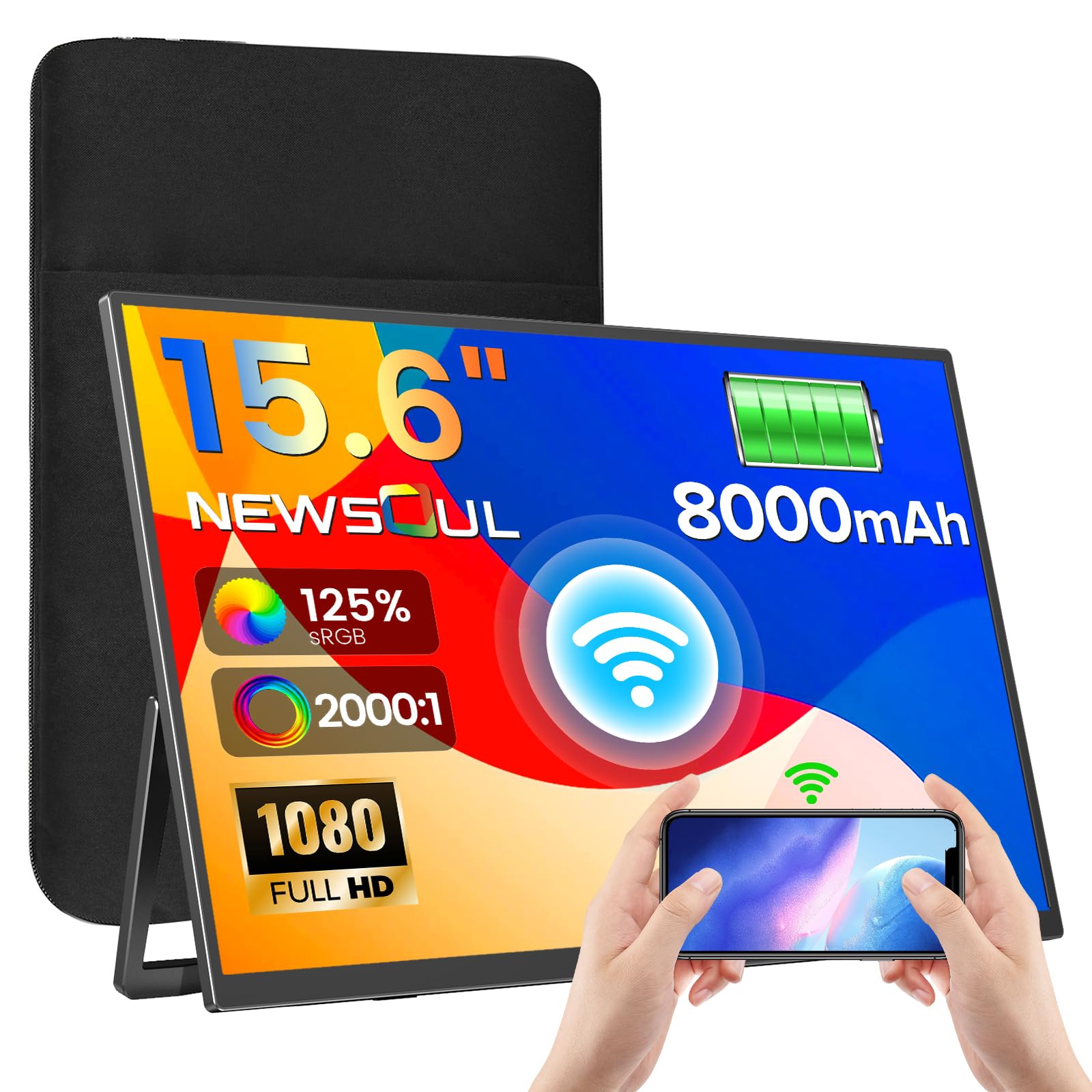 Newsoul Monitor Portátil Inalámbrico con Batería 8000 mAh,15.6" Pantalla Portatil 1080P IPS 125% sRGB, Pantalla Móvil Externa con Mini HDMI/USB-C para Laptop/PC/Phone, Soporte AirPlay/Miracast