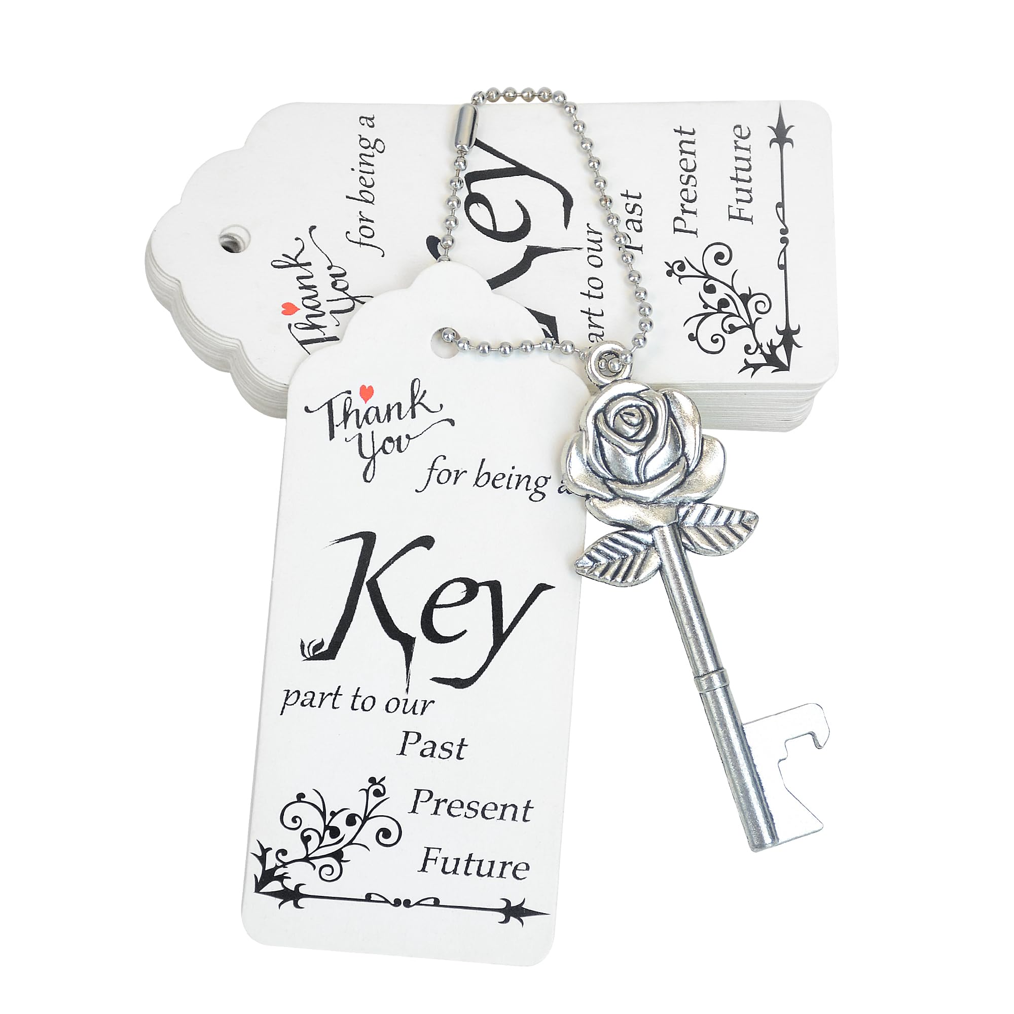 Aokbean Bulk 100 PCS Rose Flower Shaped Keys Wedding Favors Gift for Guest Bulk Skeleton Key Bottle Opener with Card and Chain for Rustic Party Bridal