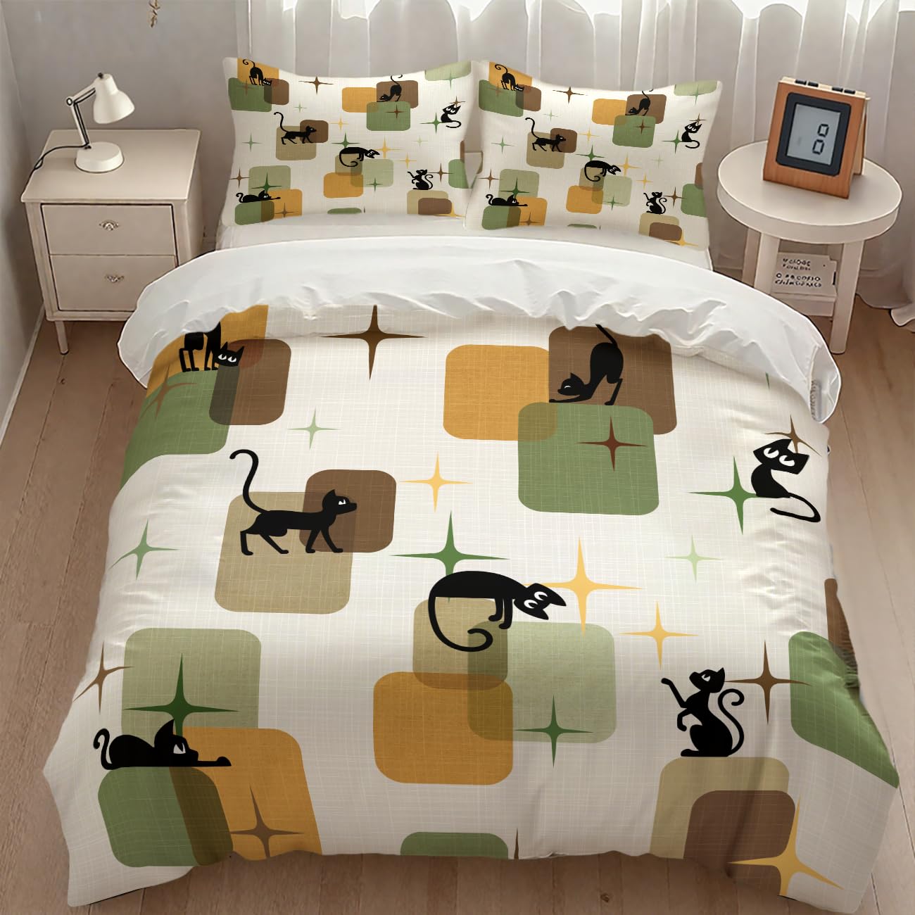 Retro Black Cat Bedding Set,Mid Century 1950s 1960s Abstract Atomic Colorful Geometric Pattern Modern Comforter Set with Pillowcase for Bedroom Bed Decor,King 102"x90"