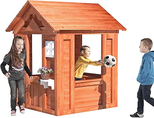 Casa de juegos de madera al aire libre para niños, casa de juegos estilo campestre de madera de abeto con 2 ventanas y soporte para maceta, regalo