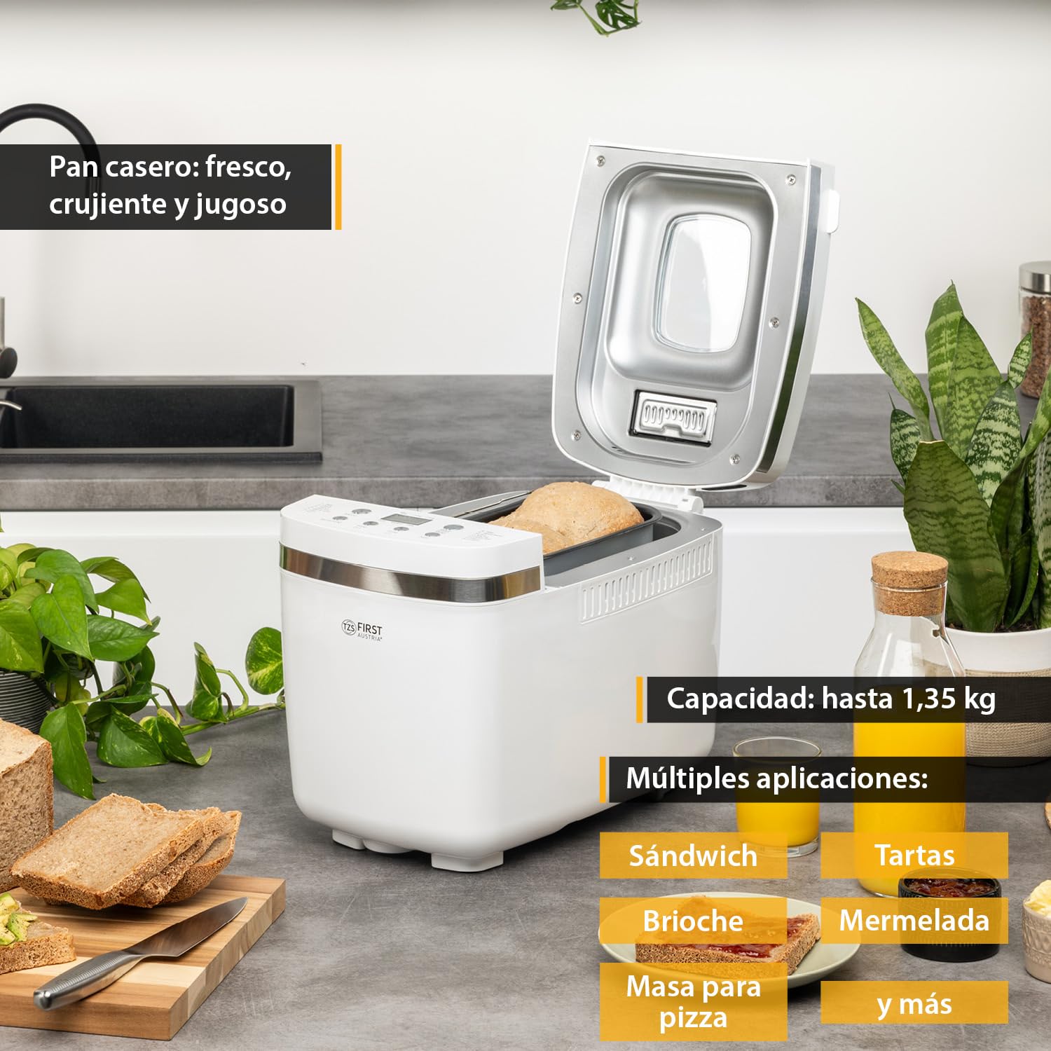 TZS First Austria - Panificadora 850W - Para panes de 900g y 1350g - 14 Programas automáticos - Tostado ajustable, Temporizador y Función mantener caliente