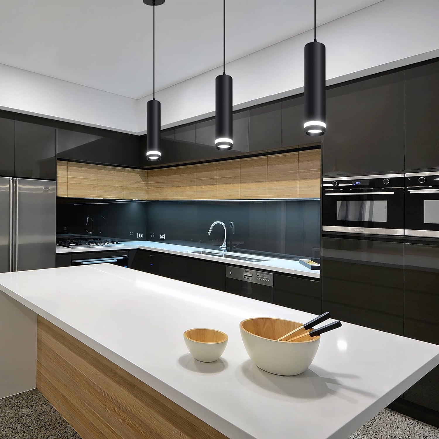 OKELI Modern Pendant Lights, Black LED Pendant Lights Fixtures,3 Color Pendant Lighting for Kitchen Island, Bar,12W,3000K-6000K,ETL(1pack)