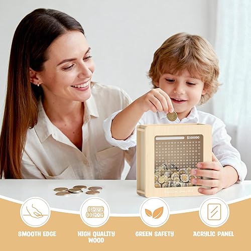 Miniatura 5 de Wooden Piggy Bank for Kids and Adults, 10000 Cash Vault Money Savings Box with Tracker Stickers, Personalized Coin Bank Gifts Card Box, for Birthday