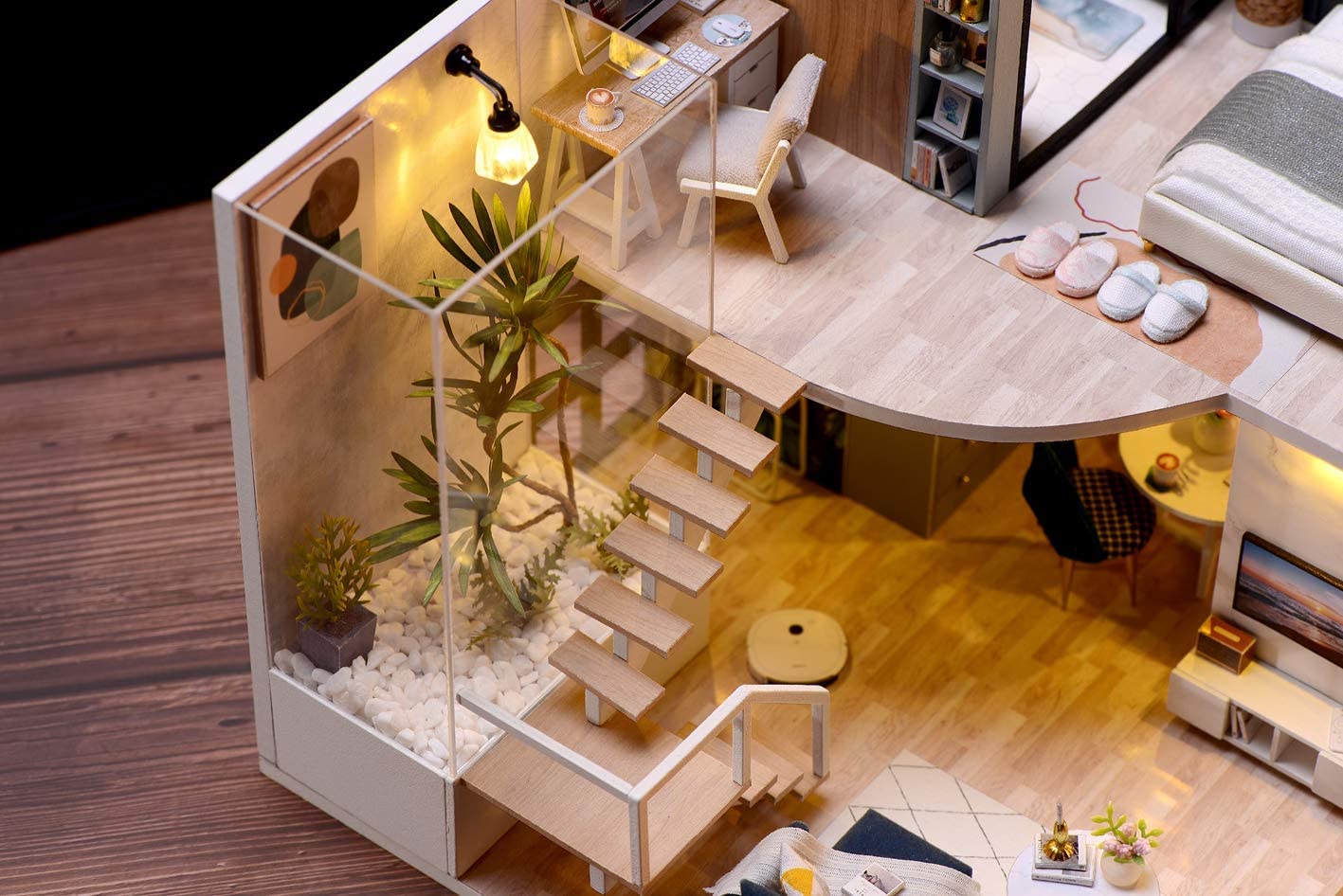 Kit de casa de muñecas en miniatura con muebles, kit de casa de muñecas de madera con luces LED (L032) 6