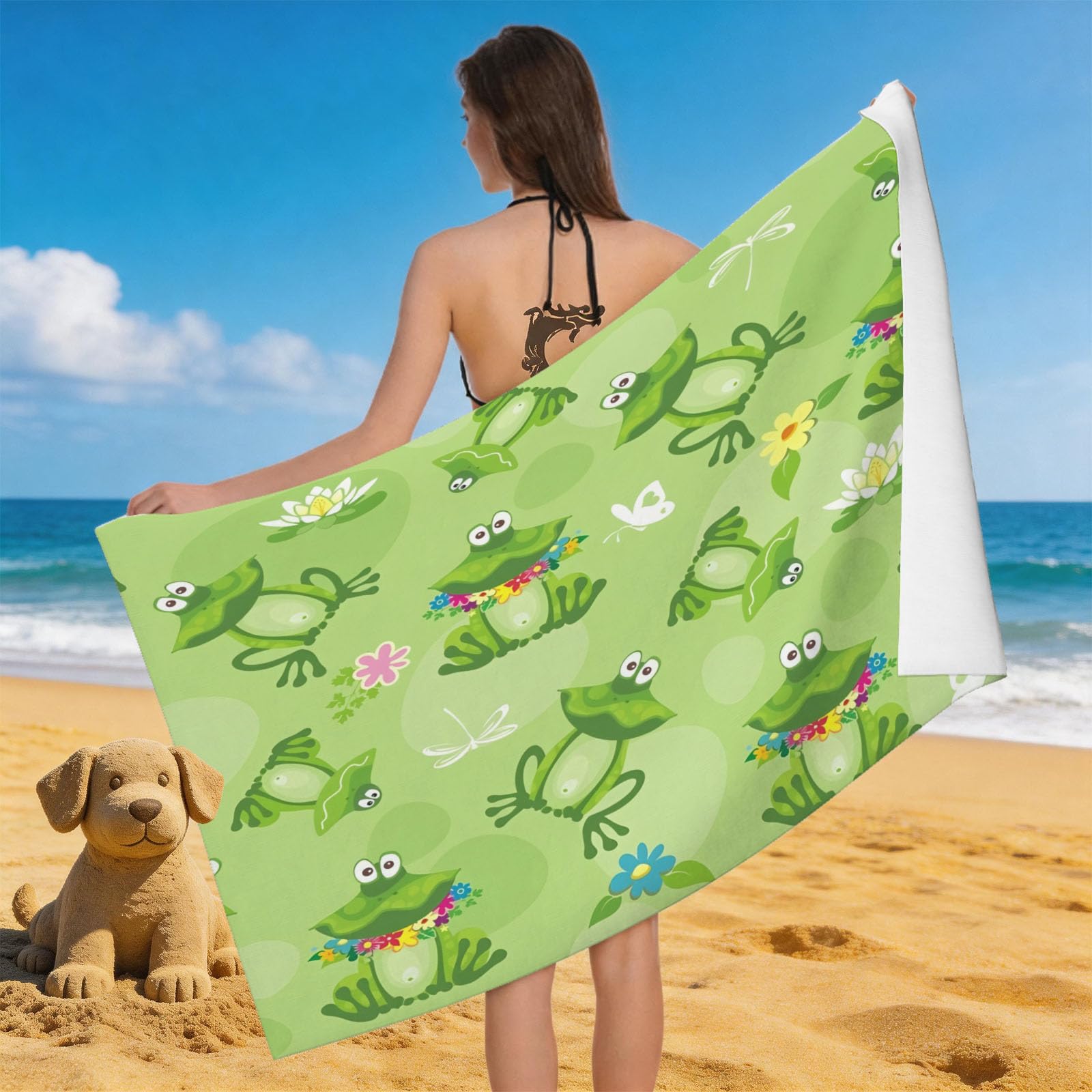 Leichong 3D Frog Beach Towel Microfiber Soft Quick Dry for Adults, Butterfly Bath Towel Lightweight Soft Absorbent for Travel Swimming Pool Sports, 75 x 150 cm