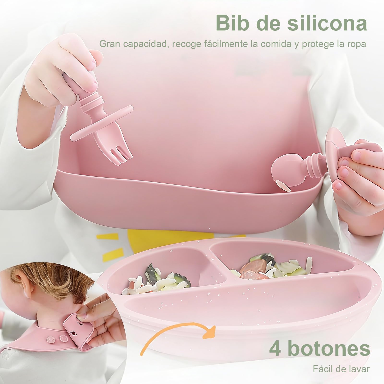 Juego de vajilla infantil de silicona, 8 piezas (plato de bebé con ventosa, cuchara, tenedor, cuenco, babero, vaso), sin BPA, lavavajillas y microondas, azul (rosa)