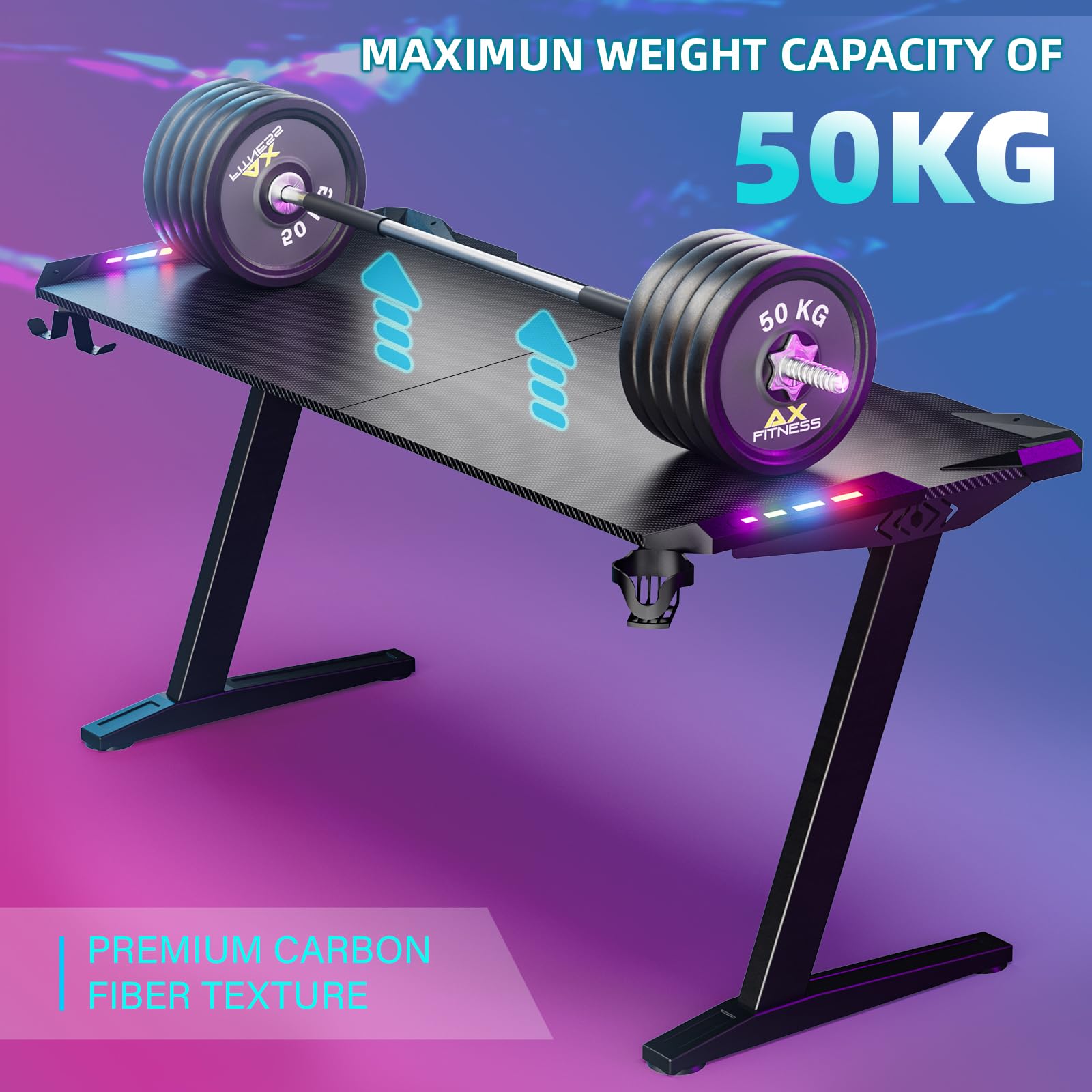 Himimi Scrivania Gaming LED 160 x 70 CM, Tavolo Gaming Ergonomica, Postazione Gaming Dotato con Piano del Tavolo in Fibra di Carbonio, Scrivania per Computer con Porta Bicchiere e Ganci per Cuffie
