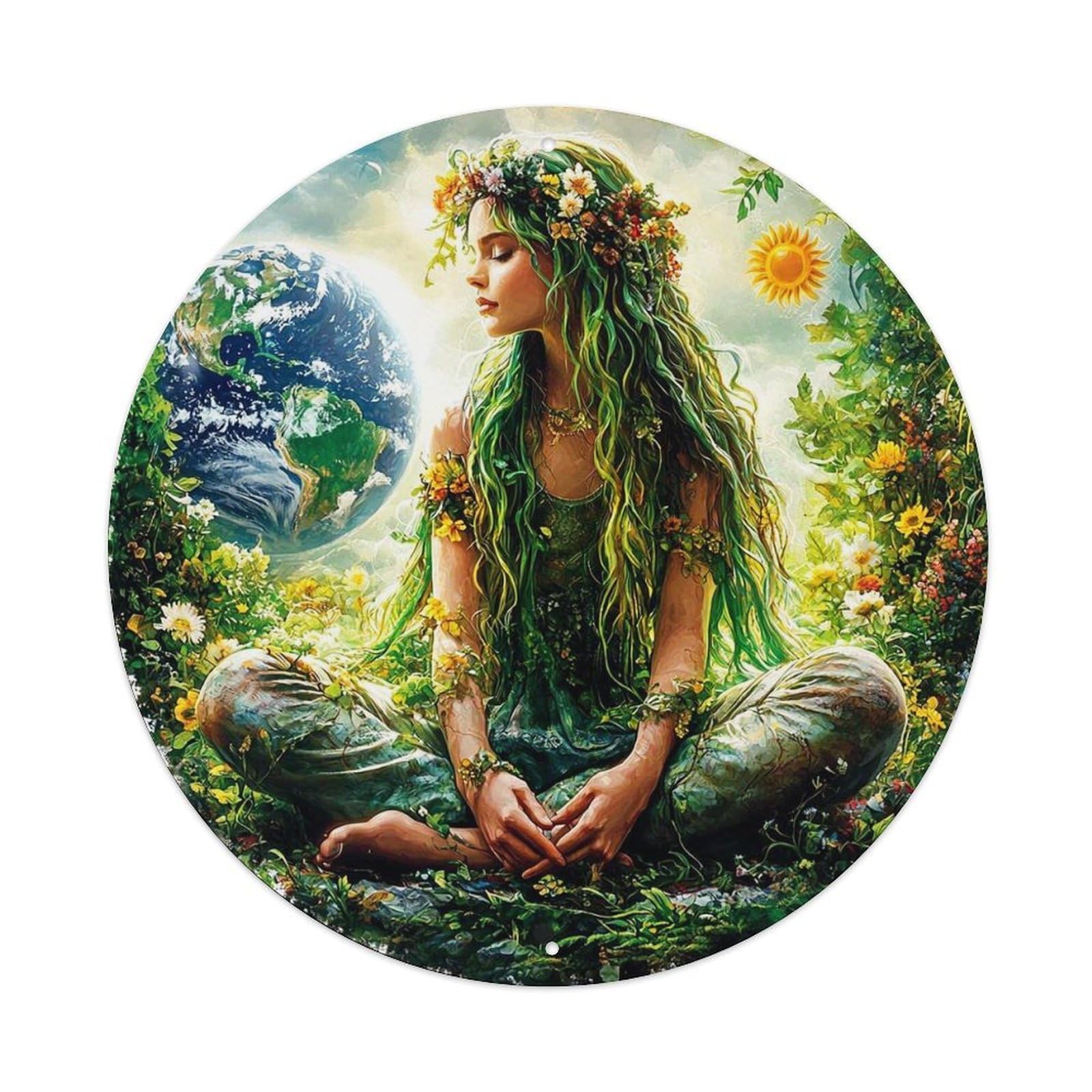 Nature Goddess Earth Flower Sun Vintage Round Tin Sign Retro Metal Wall Decor Metal Poster, Home Bar Garage Cafe Wall Art Decoration 8x8Inches