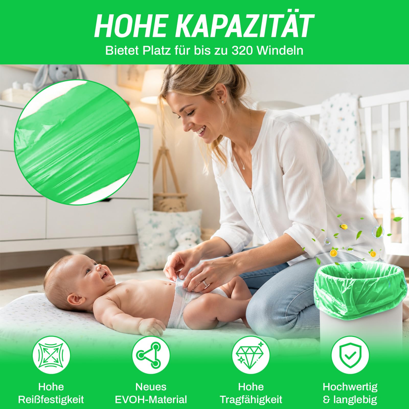 Wiadro na pieluchy, kasety uzupełniające, 20 sztuk, folia uzupełniająca, bezzapachowa, zagęszczona, zapach roślin, torebki na pieluchy, kompatybilne z wiaderkami na pieluchy i kotami