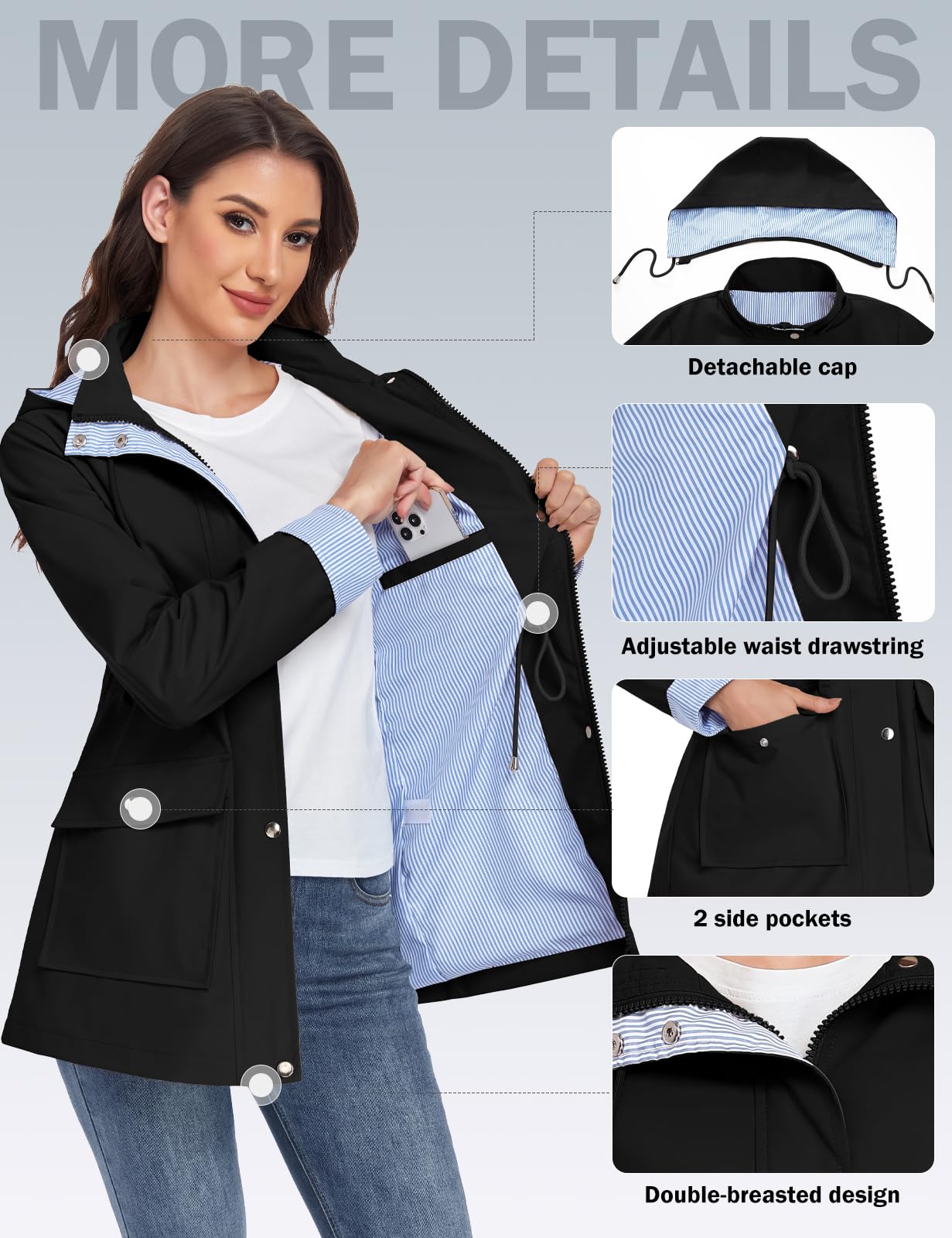 heekpek Veste Imperméable Femme Longue Coupe Vent Rayé Parka de Pluie avec Capuche Léger Manteau Mi Saison Vêtements Printemps Automne Vestes Zippé Chic Blousons d'Extérieur