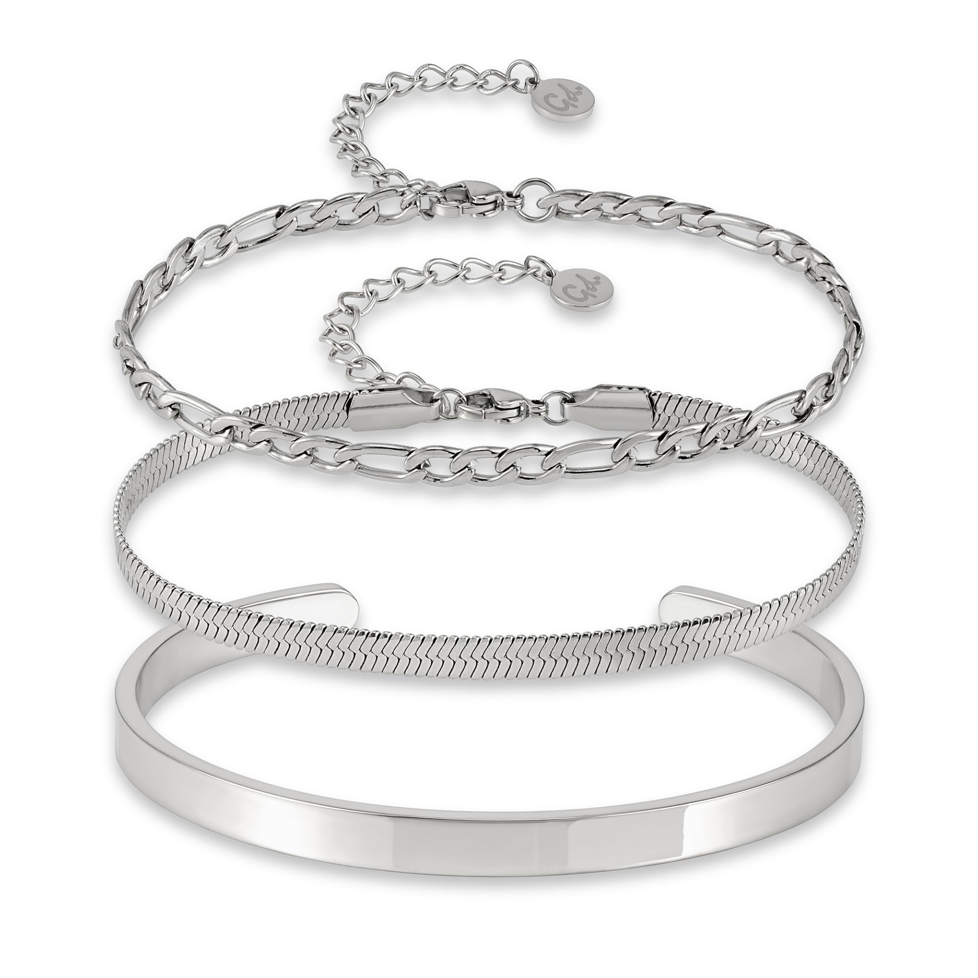 GD GOOD.designs Set de 3 pulseras para mujer en oro, plata o oro rosado - Pulseras ajustables para mujer - Set de pulseras de acero inoxidable 316L - Pulsera de serpiente, pulsera de eslabones, brazalete Certificado ClimatePartner