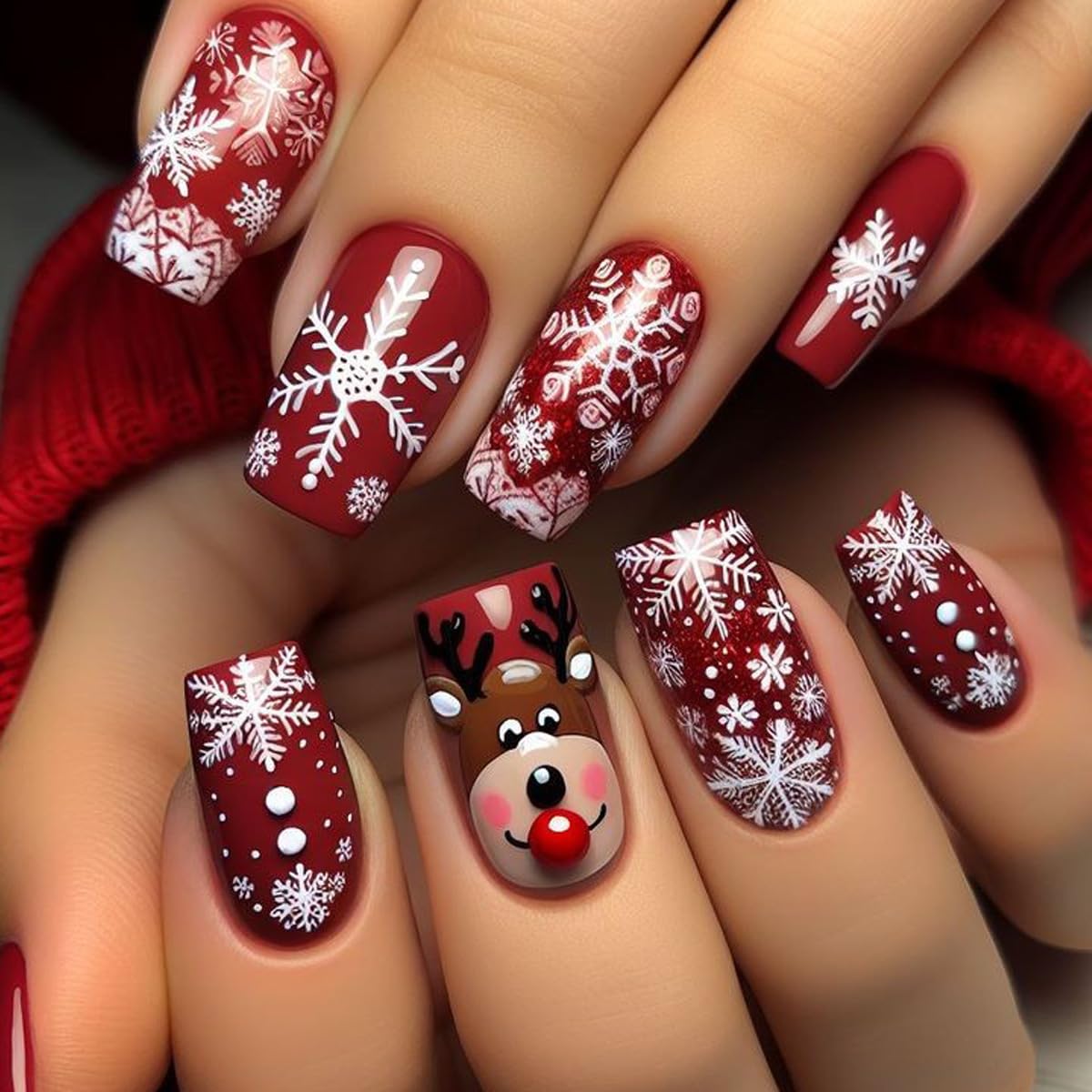Christmas Press on Nails Deer Fake Nails Cute Elk False Nails with Christmas White Snowflakes Designs Medium Square Brown Glue on Nails Stick on Nail Cute Acrylic Nail Full Cover Glossy Artificial