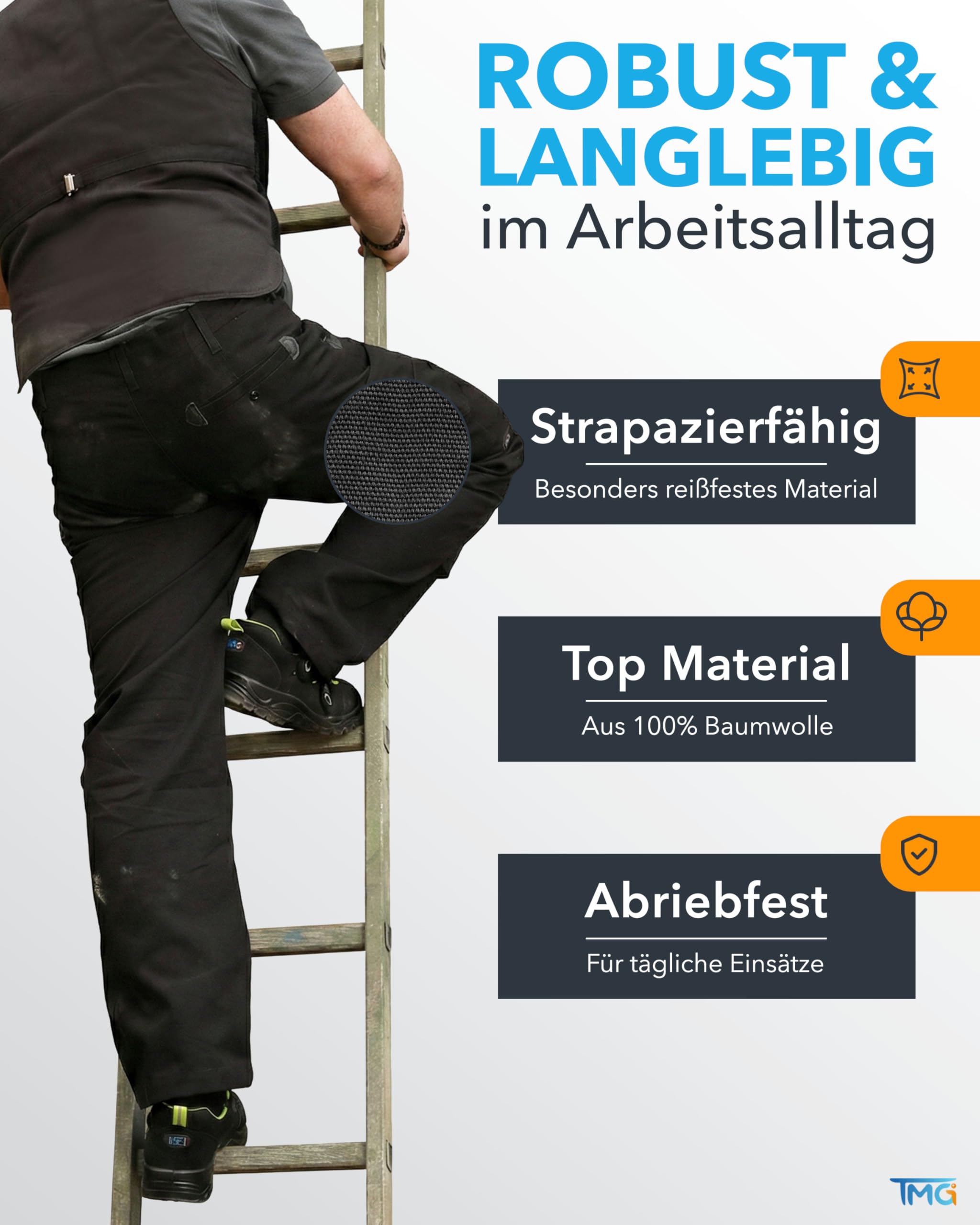 TMG Zunfthose für Herren, Dachdeckerhose mit Kniepolstertaschen | Handwerkerhose mit viel Stauraum, Schornsteinfeger Arbeitshose aus 100% Baumwolle, robuste Zunfthose