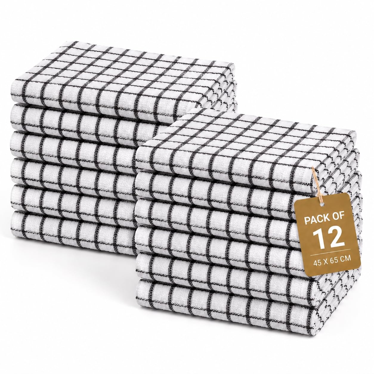 Gift Hub Kitchen Tea Towels Set, 100% Cotton Terry Cleaning Cloths | Highly Absorbent Small Check Towels for Drying Dishes & Glassware, Home Essentials | 45 x 65 cm, Black - Pack of 12