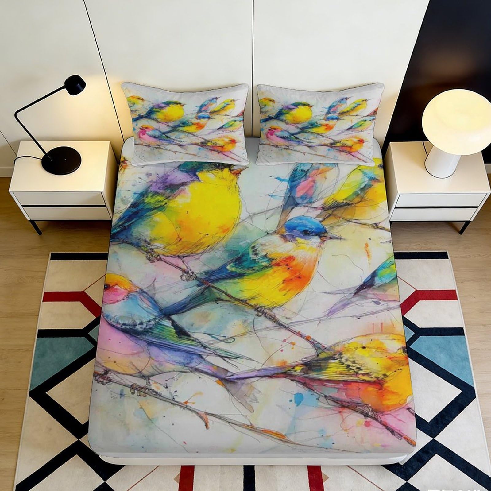Jqzkxnhpbr Style-3 3D Printed Colorful Birds Fitted Sheet Microfiber Bedroom Decor Artistic Bird Pattern Mattress Cover For Home Dorm Room 90X200x25cm