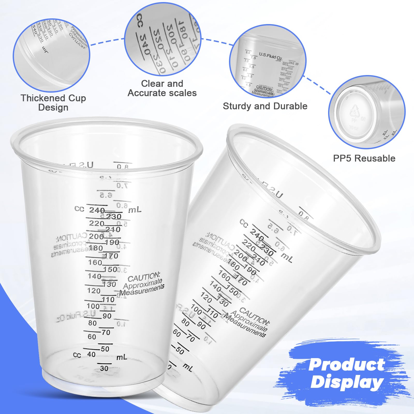 JIZZU 50 Gobelets Mélangeur 240ml + Bâtonnets | Plastique Transparent Gradué - Résine/Peinture