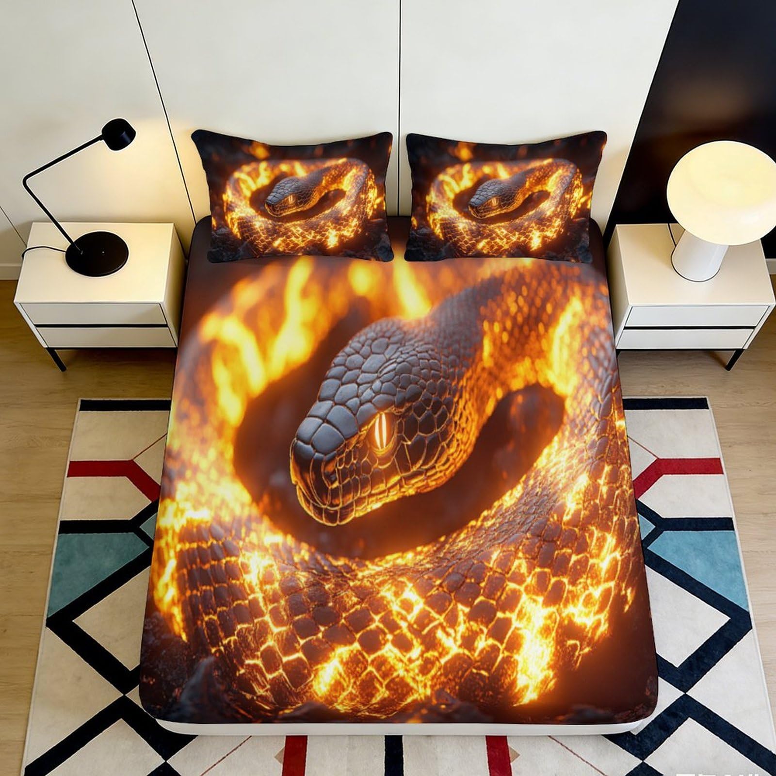 Uynsixtme Style-2 3D Printed Flame Snake Fitted Sheet Microfiber Non-Slip Deep Pocket Flame Snake Mattress Fitted Cover Bedroom Bedding For Adults Teens 140X200x25cm