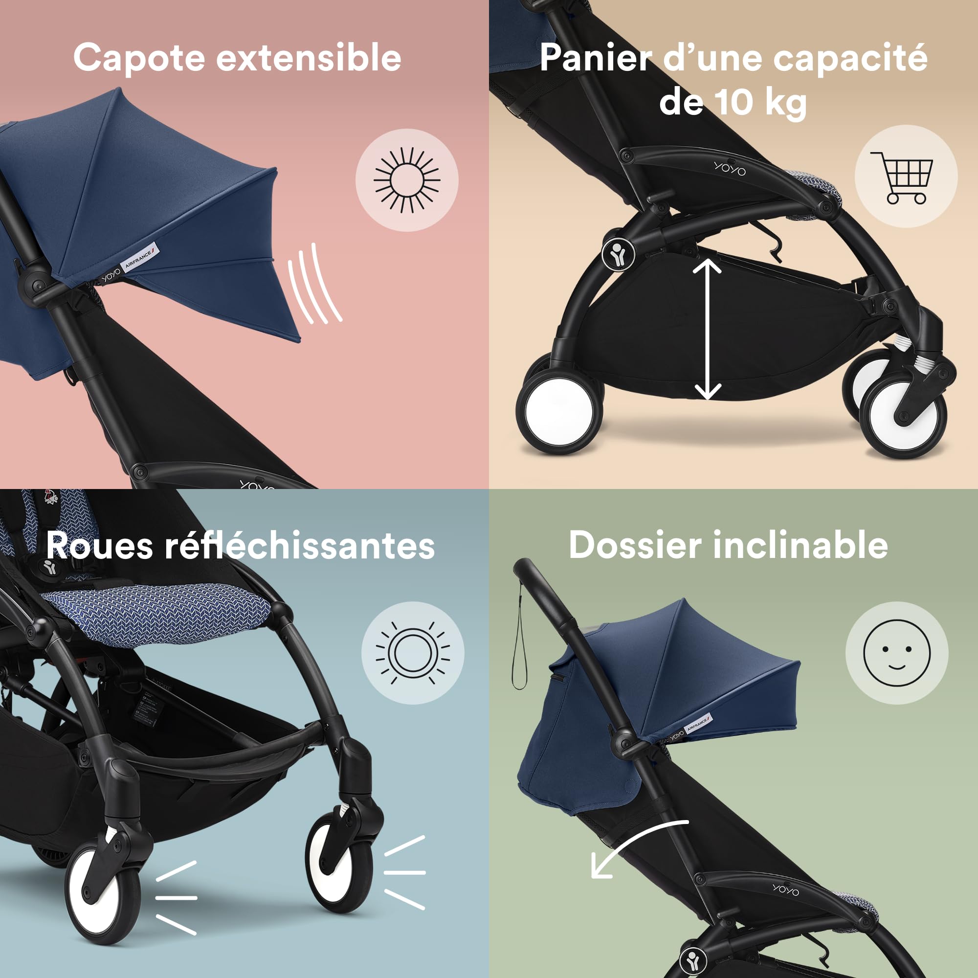 Poussette complète YOYO 3 châssis noir Pack 0+ et 6+ Bleu Air France - Stokke