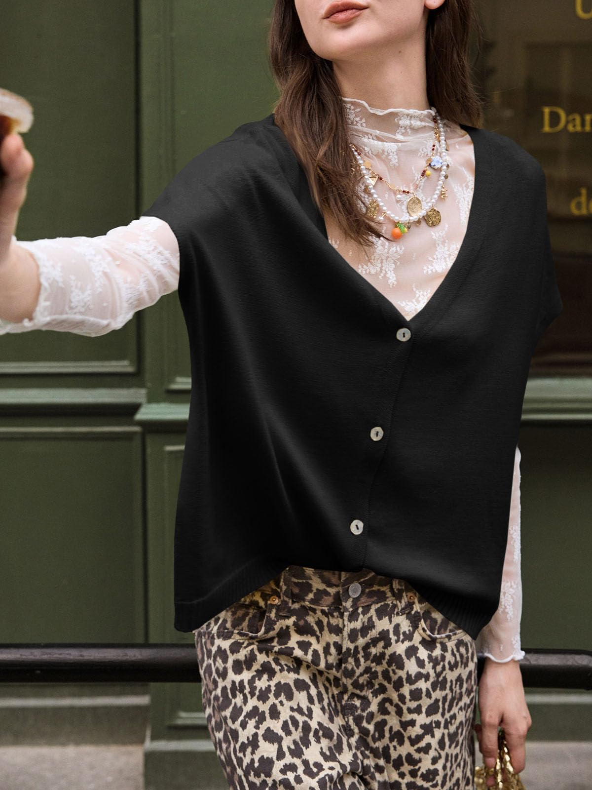 Saodimallsu Cardigan d'été à manches courtes et col en V pour femme | Surdimensionné, manches chauve-souris, gilet en tricot, couleur unie, boutonnière légère, pull, top