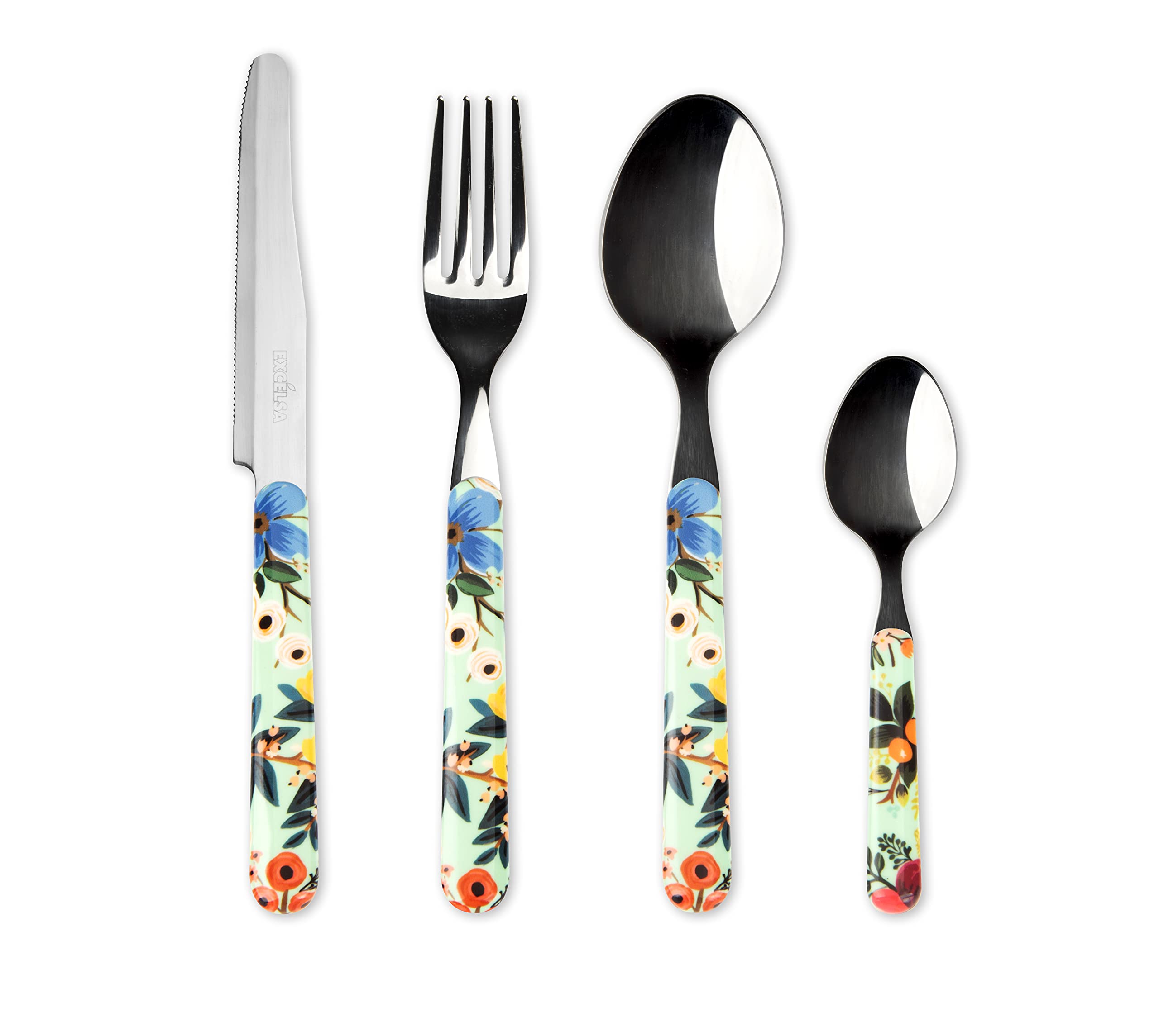Excelsa Silver With Multicolored Decorations Fiori Frida Set Of 24 Cutlery For 6 People, 18/0 Stainless Steel, Coloured Handle