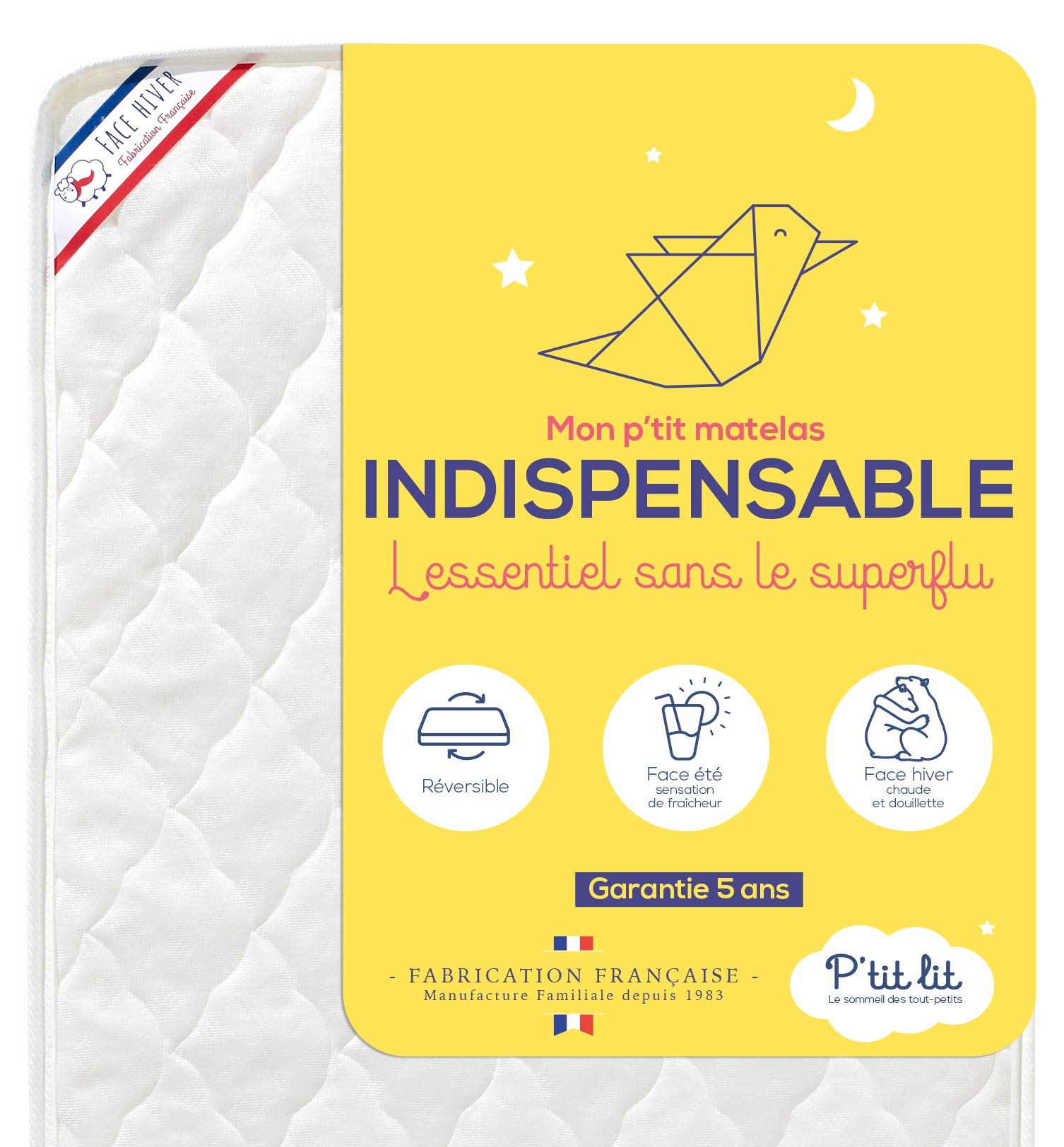 P'TIT LIT - Matelas Bébé Indispensable - 60x120 cm - Climatisé : 1 Face Été / 1 Face Hiver - Oeko Tex® - Fabrication Française & Protège Matelas Bébé 2 en 1 | Alèse + Drap Housse 60x120 cm