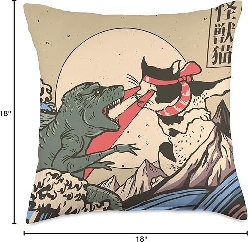 Miniatura 4 de Japanese Great Wave Giant Cat VS Kaiju Monster Kaiju Monster vs Cat Laser Eye Fight Wave - Almohada japonesa, 18 x 18 pulgadas, multicolor