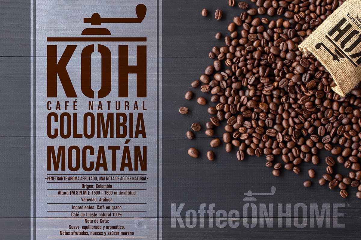 KoffeeONHOME Café en Grano 100% Arábica, Colombia Mocatán, Tueste Natural, 4 Paquetes de 500 gr - 2 Kg