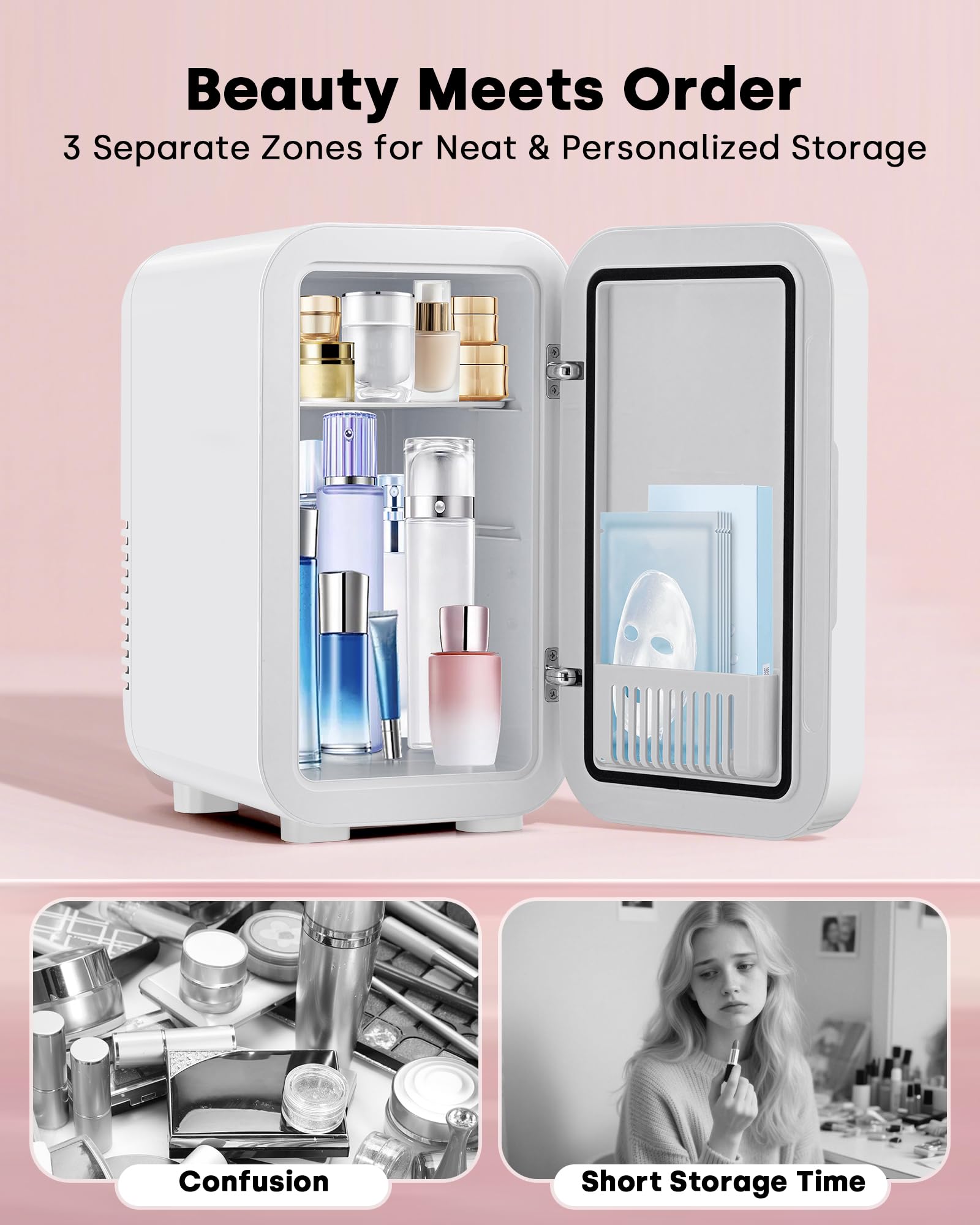 Enventor Mini Fridge 6L/ 8 Can, Skincare Fridge With Dimmable LED Light Mirror, AC+12V DC Power Cooler & Warmer for Bedrooms, Home, Car/Cosmetics, Skin Care and Food, White — view 4