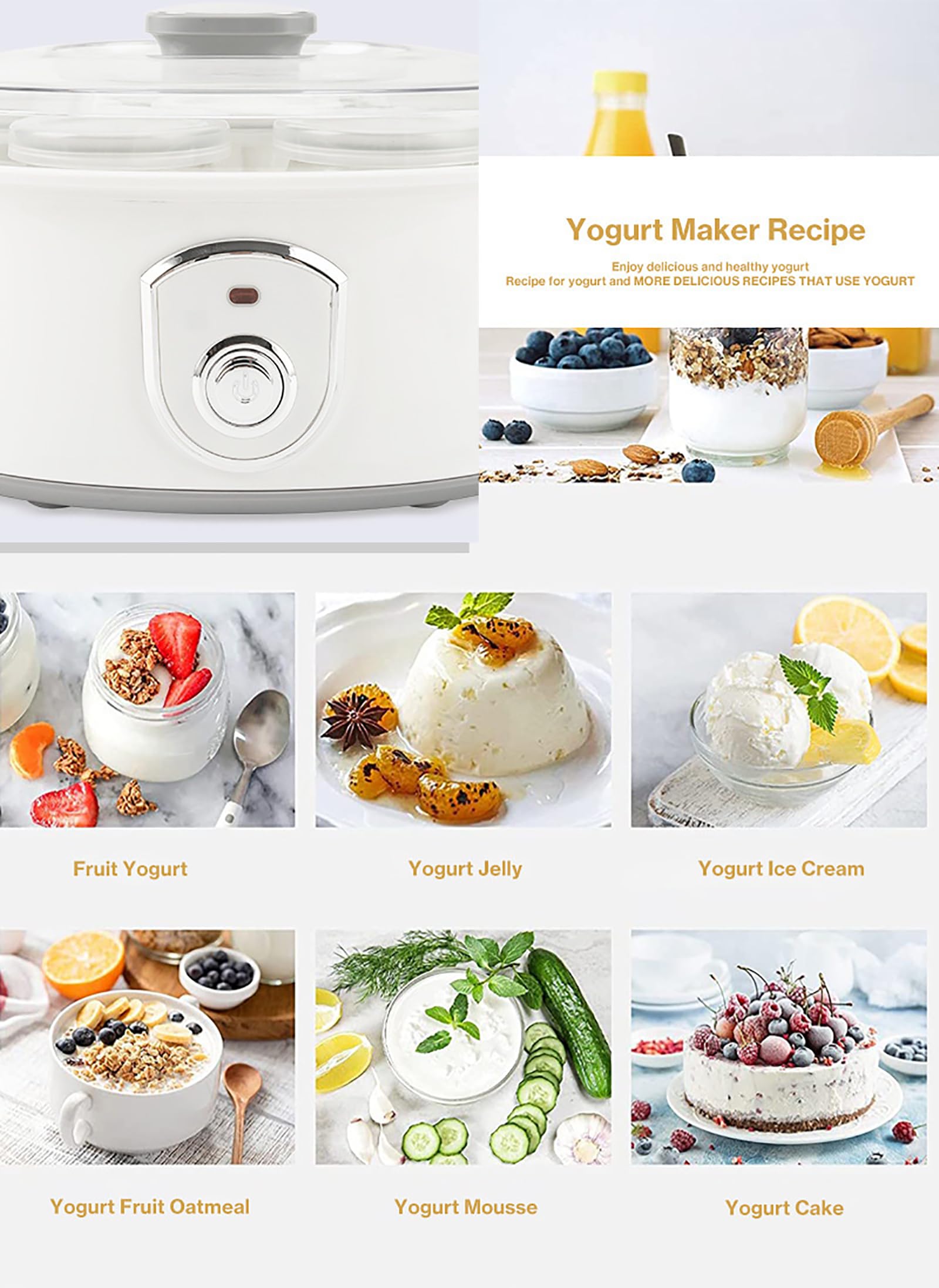 Probiotyczny jogurt Silnik W pełni automatyczna maszyna do jogurtu, domowy jogurt DIY, stała kontrola temperatury, 7 szklanek, sterowanie jednym dotknięciem