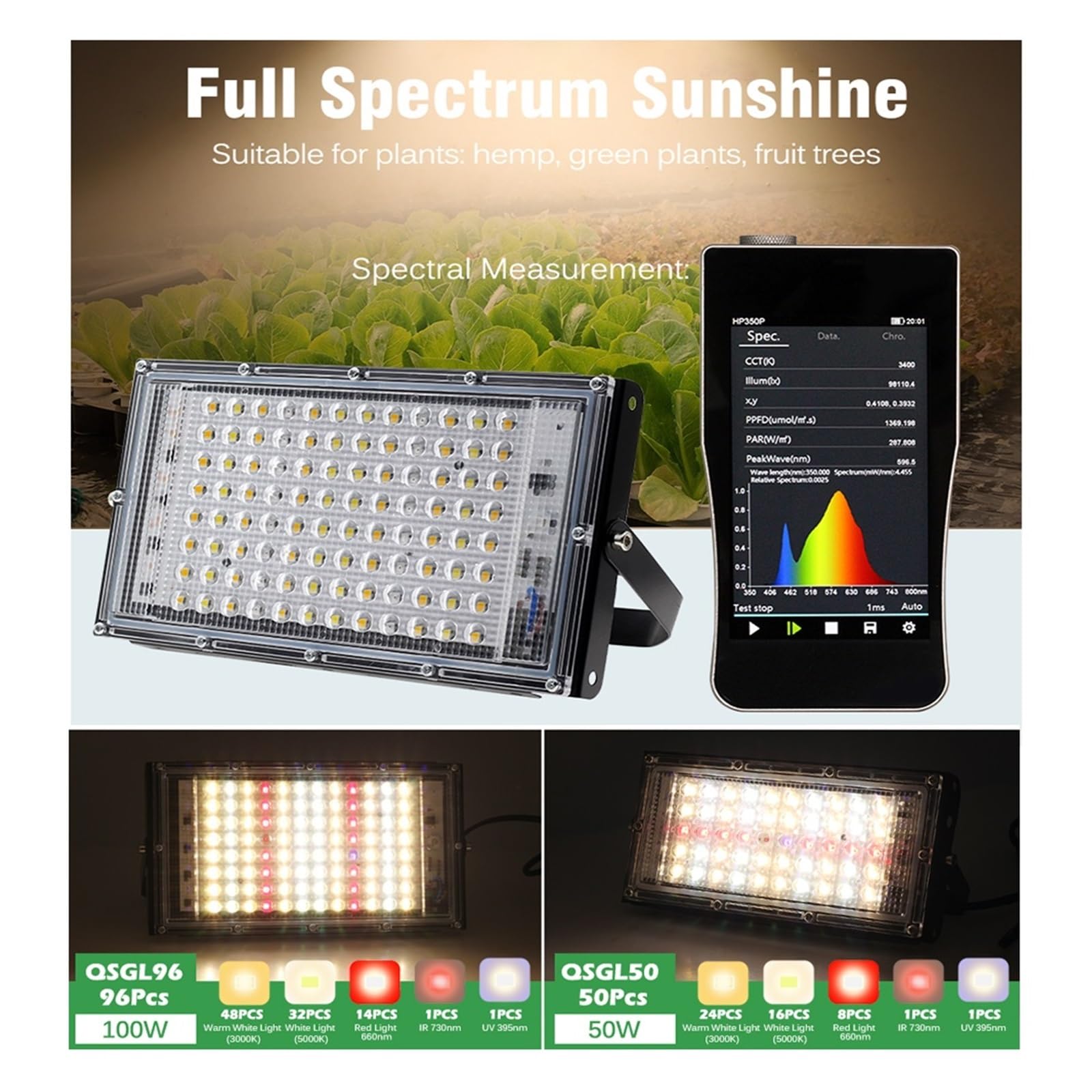 La pianta coltiva la luce, Lampada da coltivazione a LED a spettro completo 50W 100W for piante interno idroponiche for semina in serra IP65 impermeabile(Rot)
