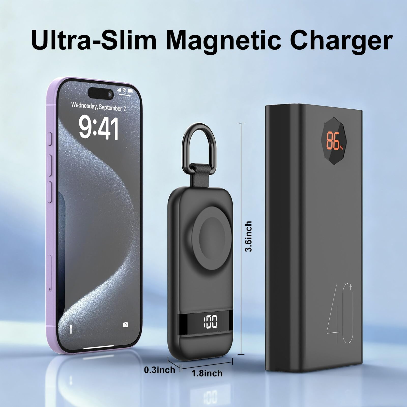 Caricabatterie portatile per Apple Watch, 2500 mAh e schermo digitale, caricabatterie magnetico a ricarica rapida per viaggi e portachiavi, funziona con Apple Watch Series (nero)