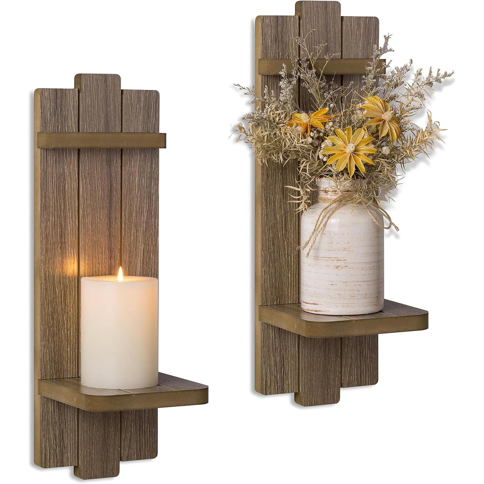 Wall Candle Holder for Farmhouse: Wood Floating Shelves Candle Sconces Wall Decor Set of 2 - Distressed Candle Holders for Small Vase Pillar Candles Tealight