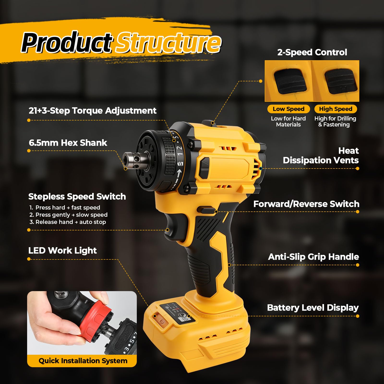 Wiertarko-wkrętarka akumulatorowa 4 w 1, kompatybilna z akumulatorem 20 V DEWALT, wkrętarka elektryczna 21 V-50 Nm, z 4 wymiennymi uchwytami szybkomocującymi i 21 ustawieniami momentu obrotowego (bez