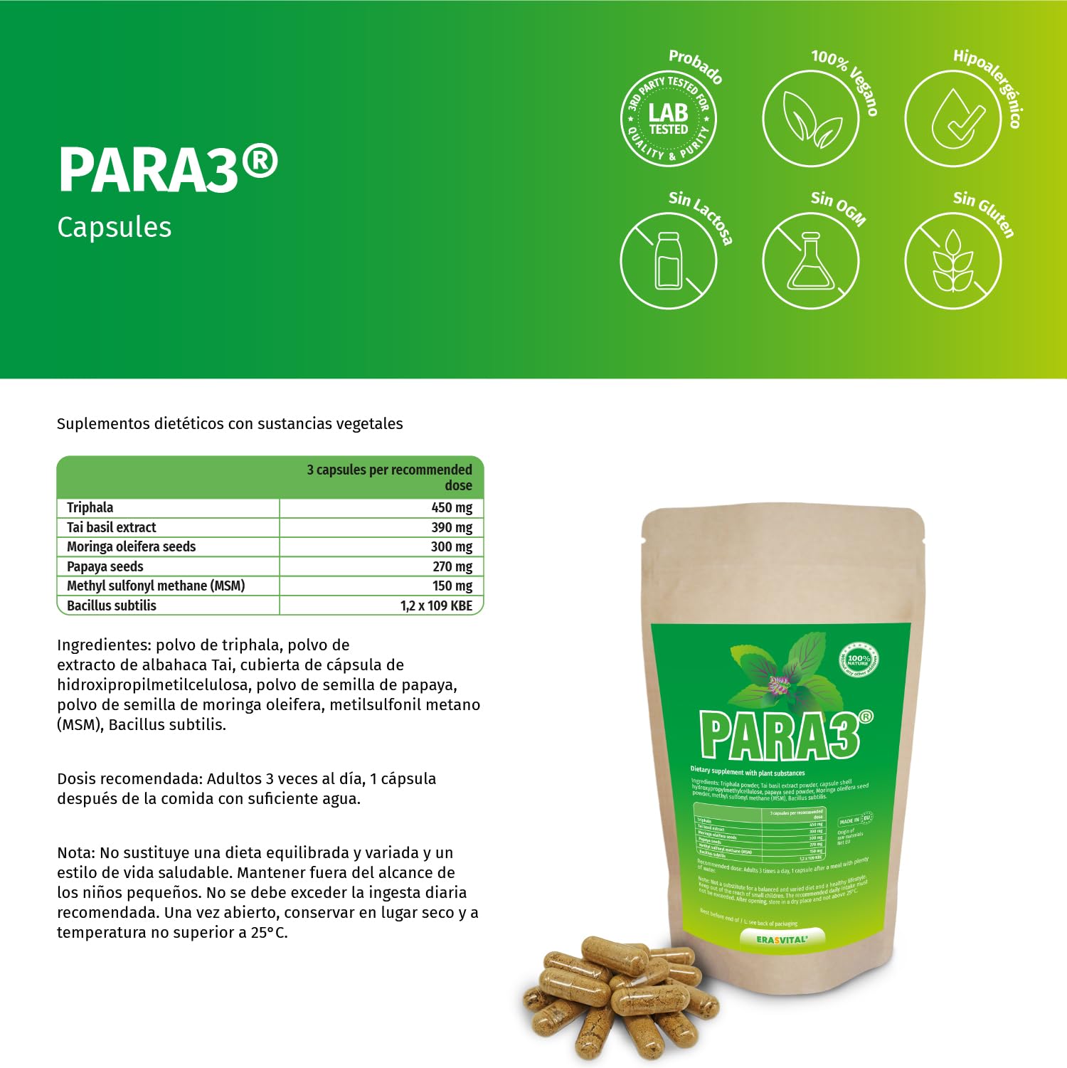 PARA3 90 Kapseln Pflanzlicher Bitterstoff-Kur Papaya-Kernen Moringa Samen Tai-Basilikum MSM Bacillus Subtilis vegan