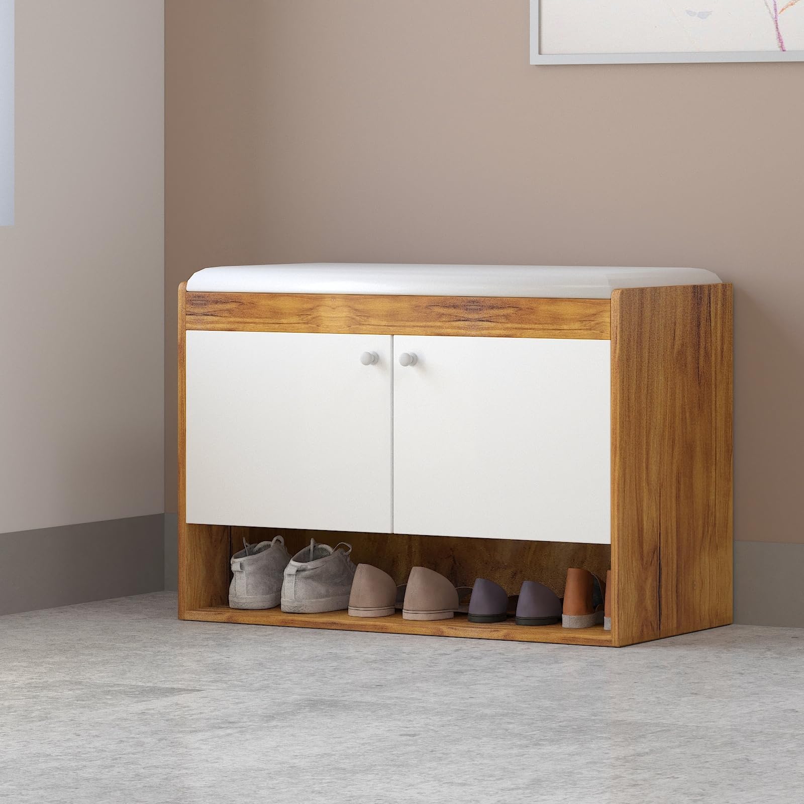 Callas Shoe Rack Storage Bench, Holds 9 Pairs, 3-Tier Rack with Cushion Seat and Closed Cabinet (Brown, SR-17)-image-13