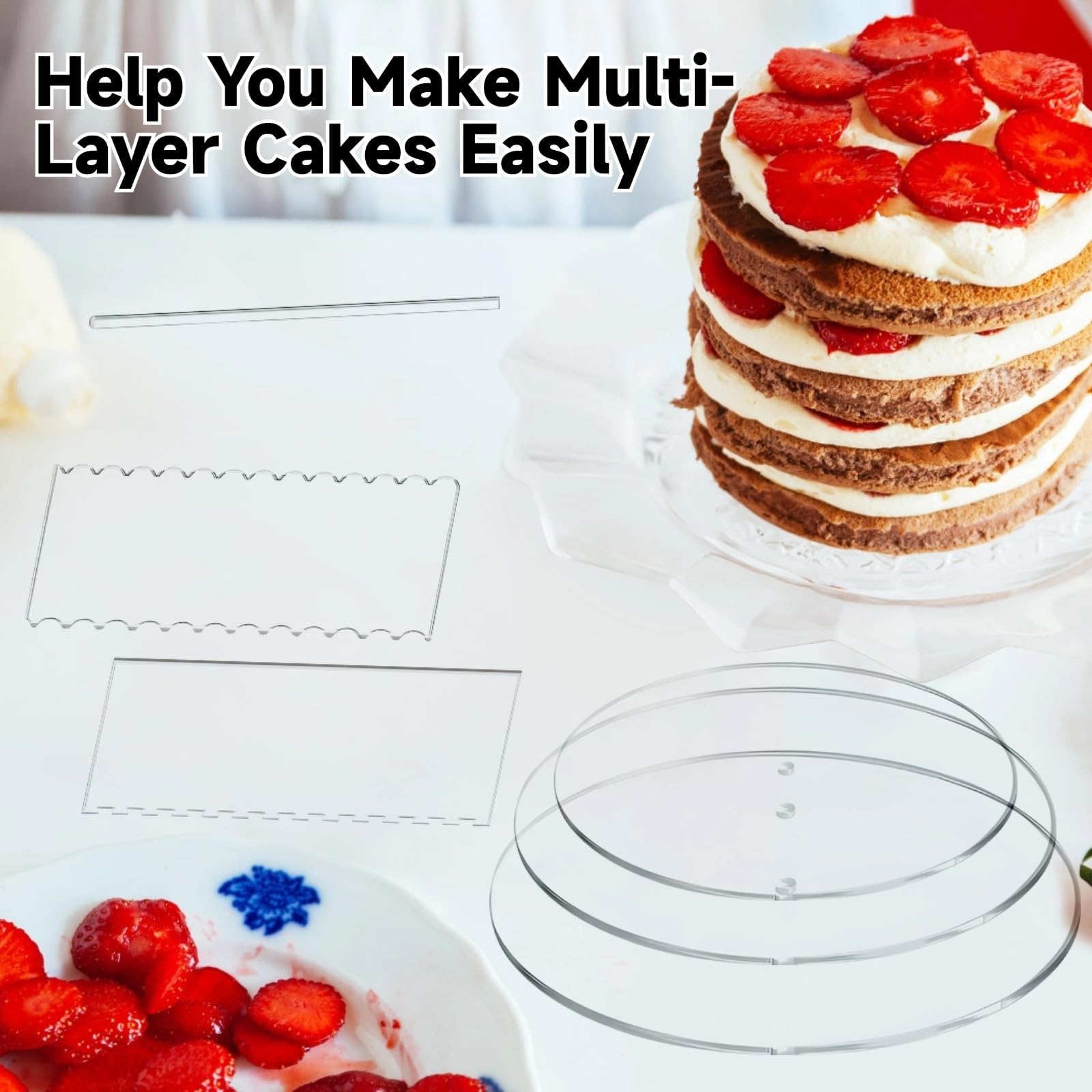 Generisch Juego de 11 espátulas acrílicas para decoración de tartas, 6 bandejas para tartas, 2 espátulas de cristal, 3 clavijas centrales, para tartas de 3 pisos, bodas y fiestas