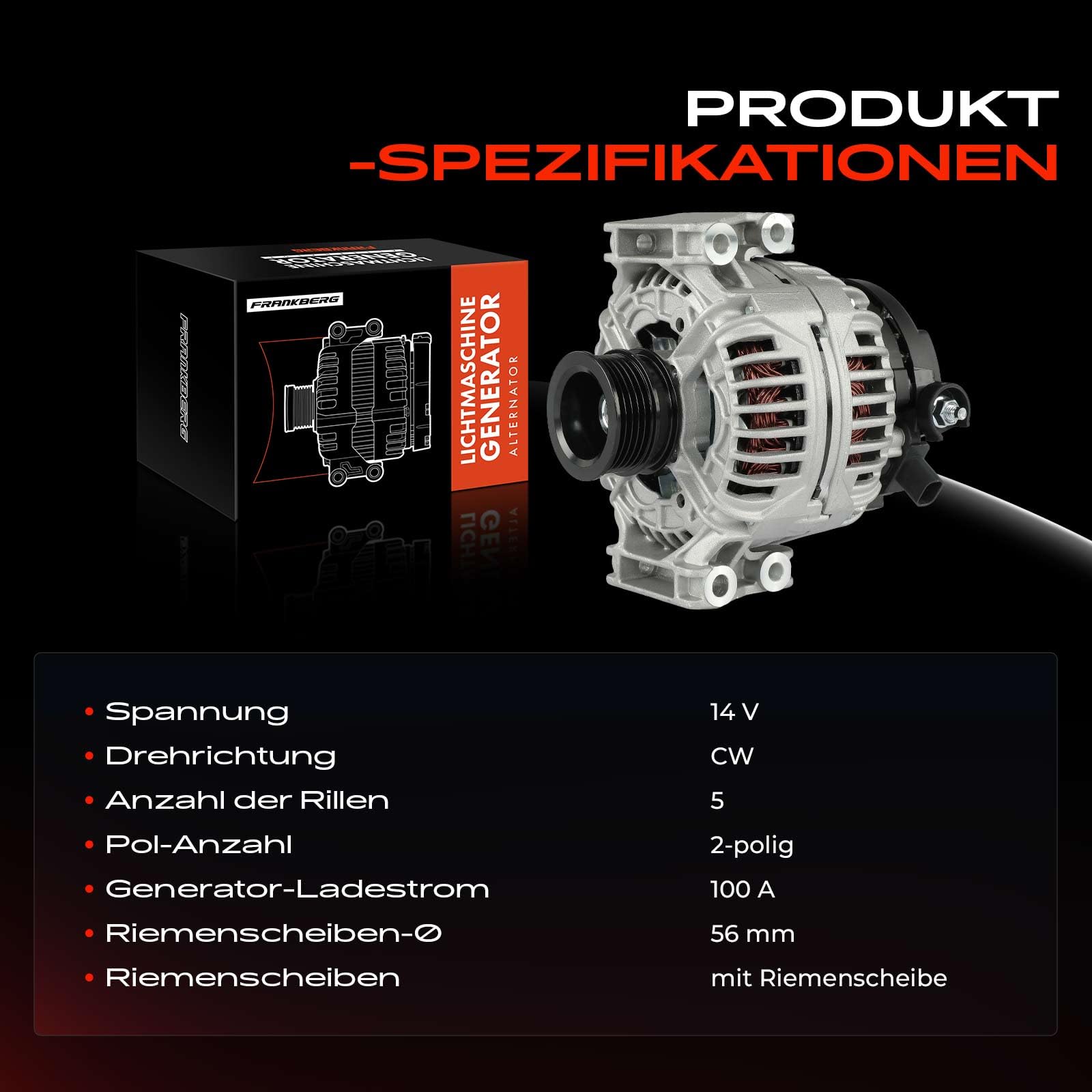 Frankberg Lichtmaschine Generator 100A Kompatibel mit Astra G Cabriolet F67 2.2L 2001-2005 Zafira B Kasten/MPV A05 2.2L 2005-2011 Vectra B J96 2.2L 2000-2002 Replace# 0124415009