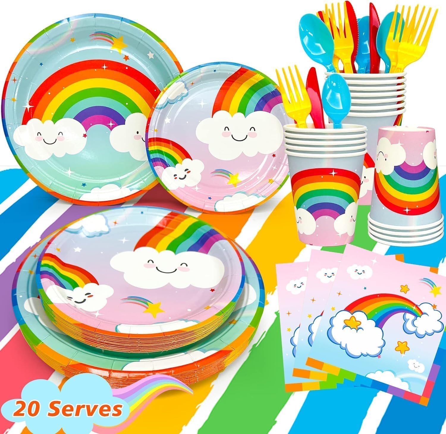 Fruitful Party Rainbow Tableware Set, 141pcs Cloud Supplies SetRainbow Paper Plates Napkins