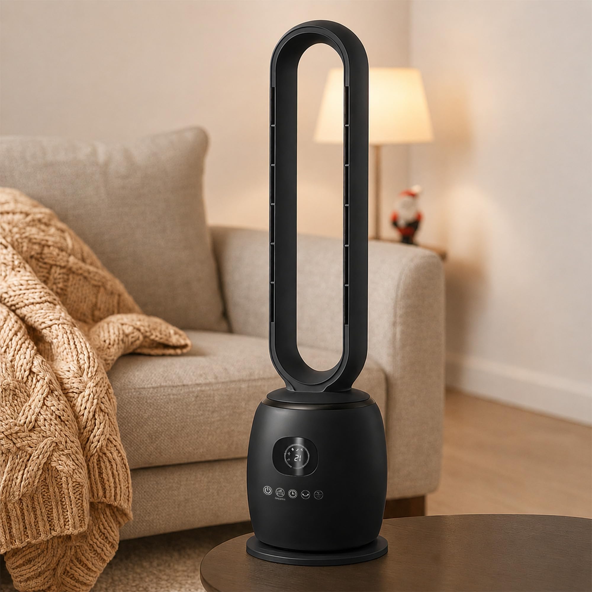JSH 34" Bladeless Hot & Cool Silent Tower Fan | 2000W Quiet Indoor Oscillating Home Office Bedroom Heat & Air Cooler | Remote Control, 12H Timer, 3 Speeds, Anti Tip & Overheat Protection (Black)