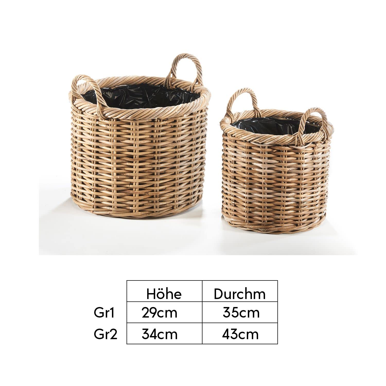 Kobolo Pflanzkorb 2er Set aus Rattan runde Körbe mit Griffen Grau